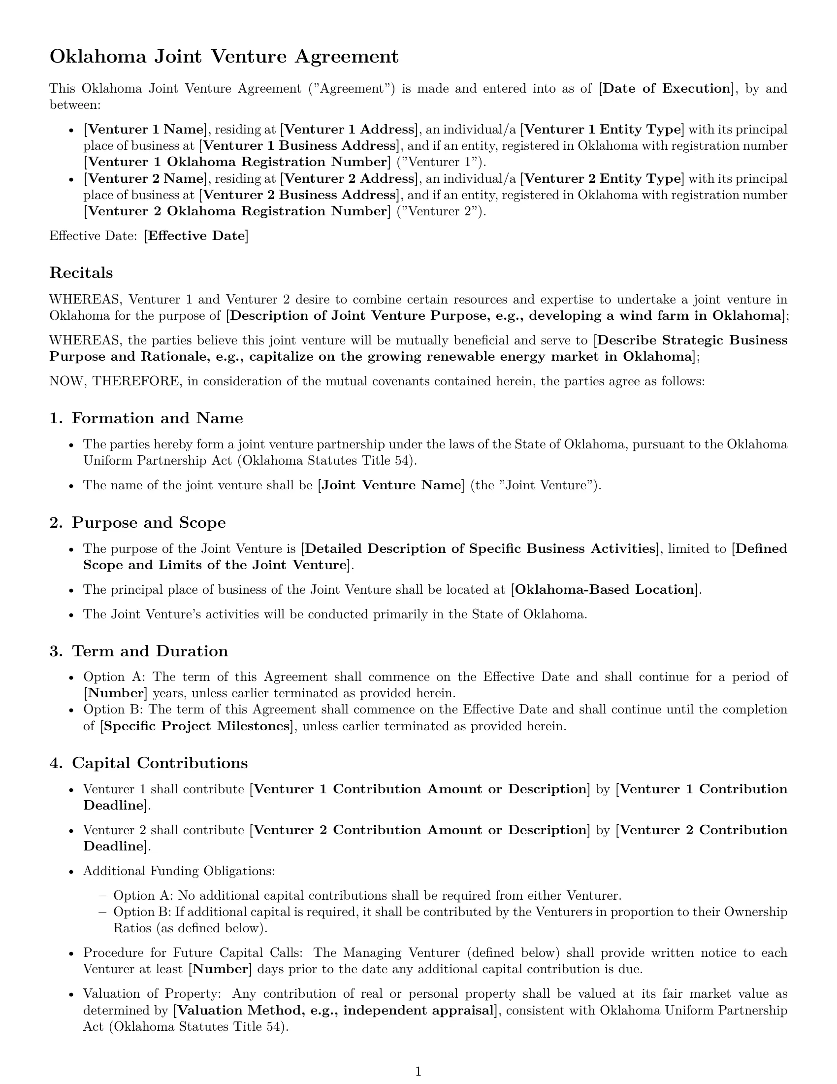 Preview page 1 of Free Oklahoma joint venture agreement template