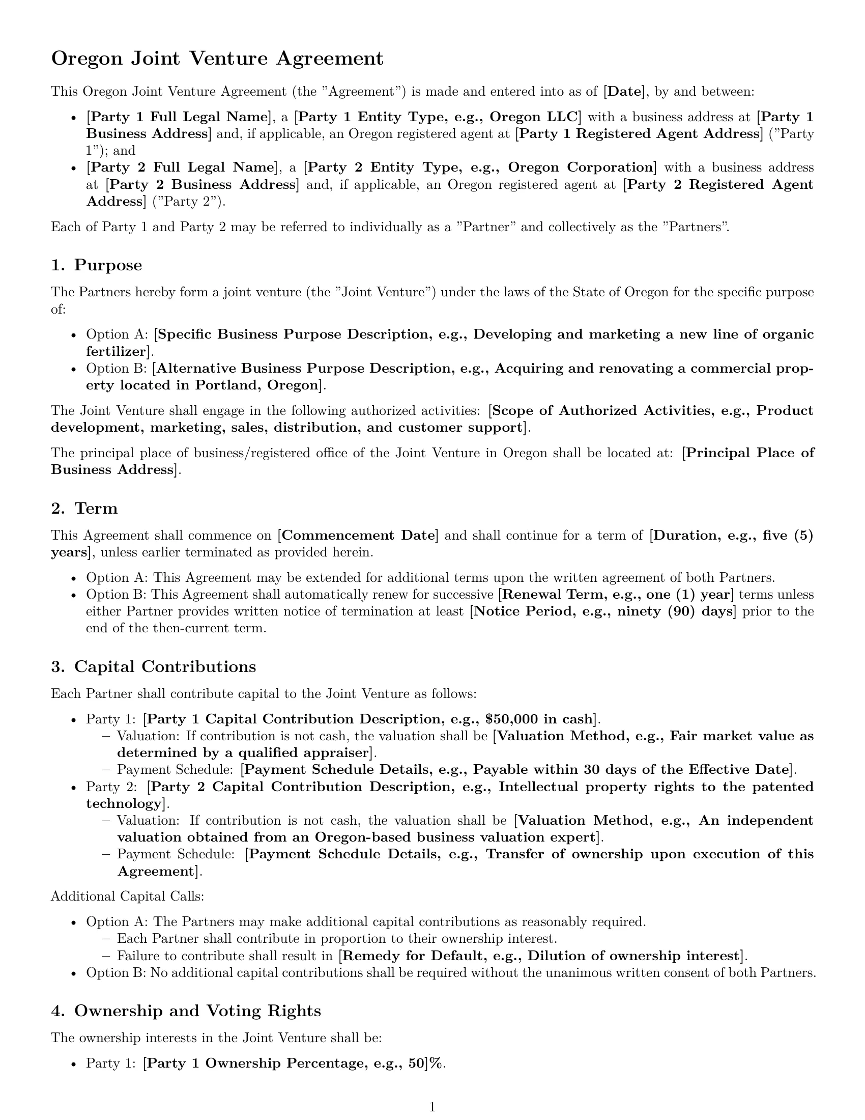 Preview page 1 of Free Oregon joint venture agreement template