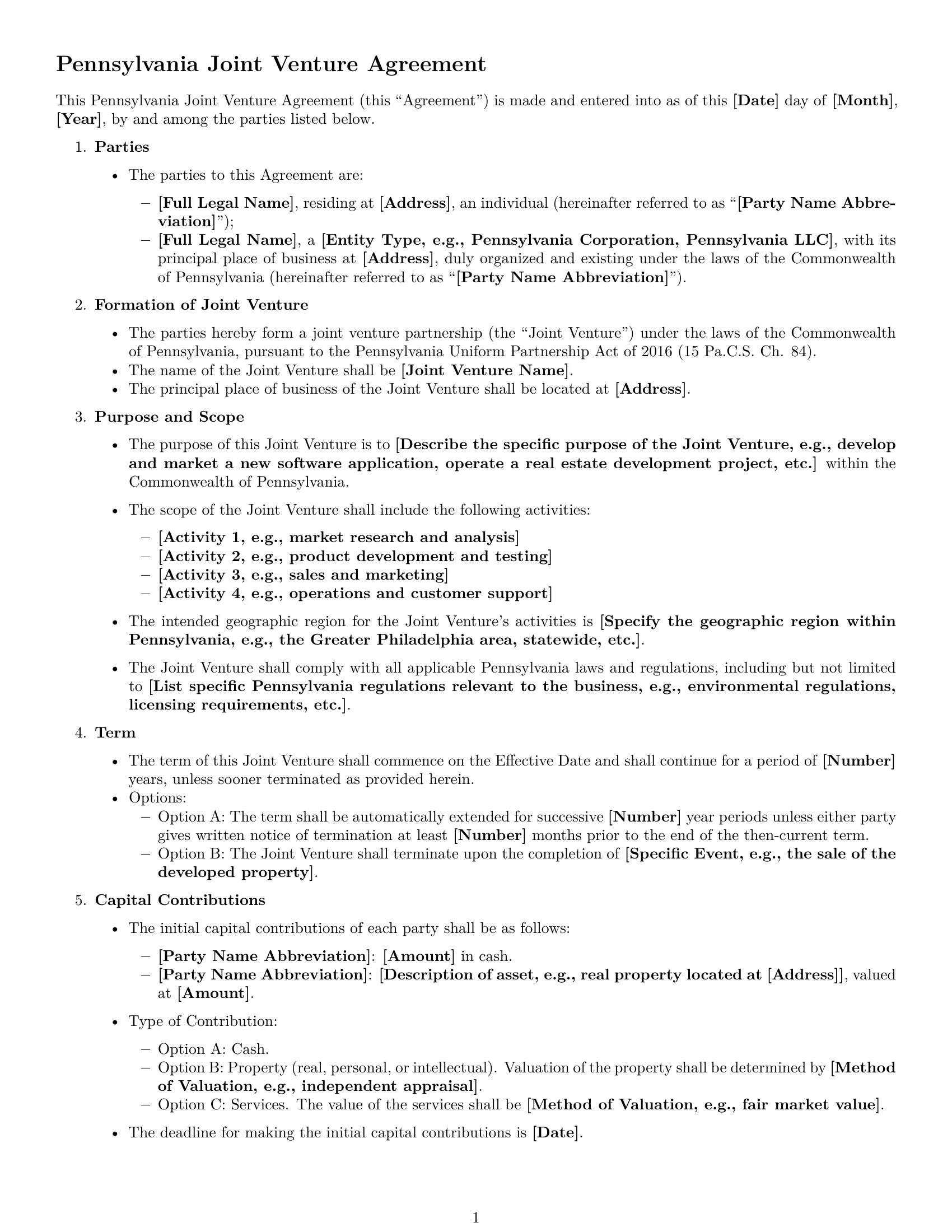 Preview page 1 of Free Pennsylvania joint venture agreement template