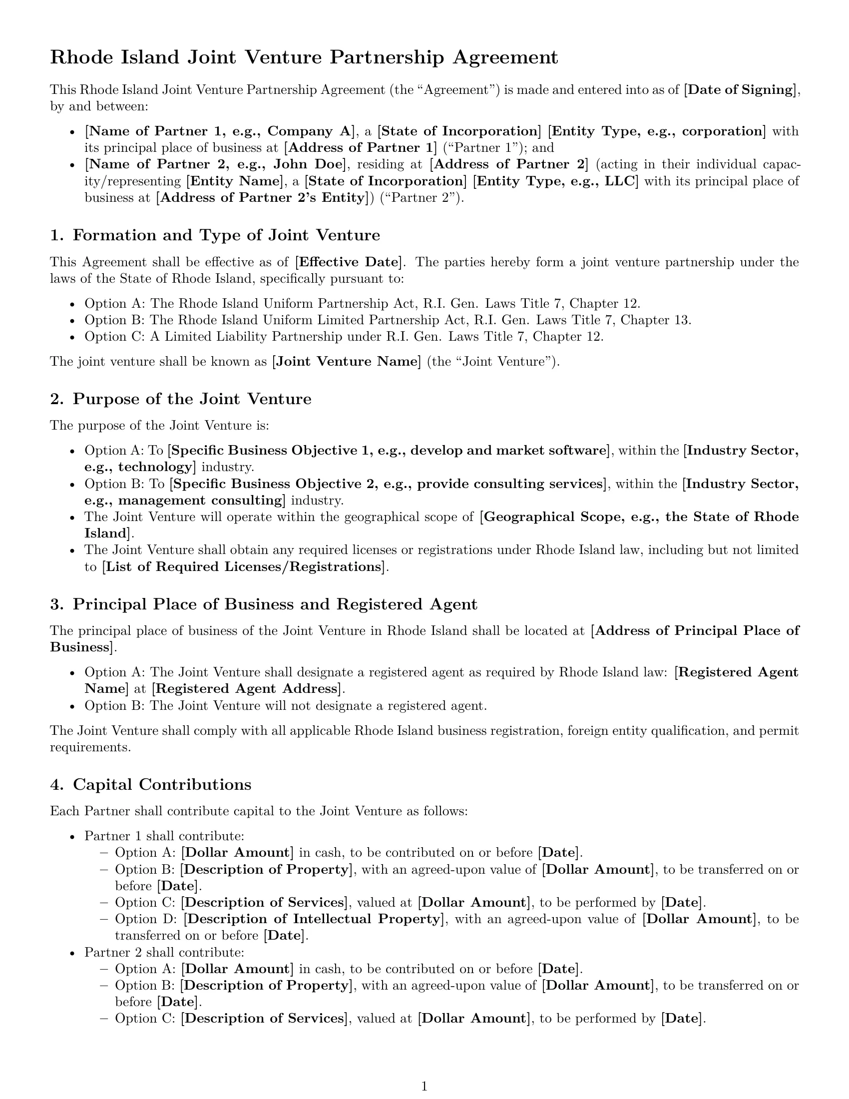 Preview page 1 of Free Rhode Island joint venture agreement template