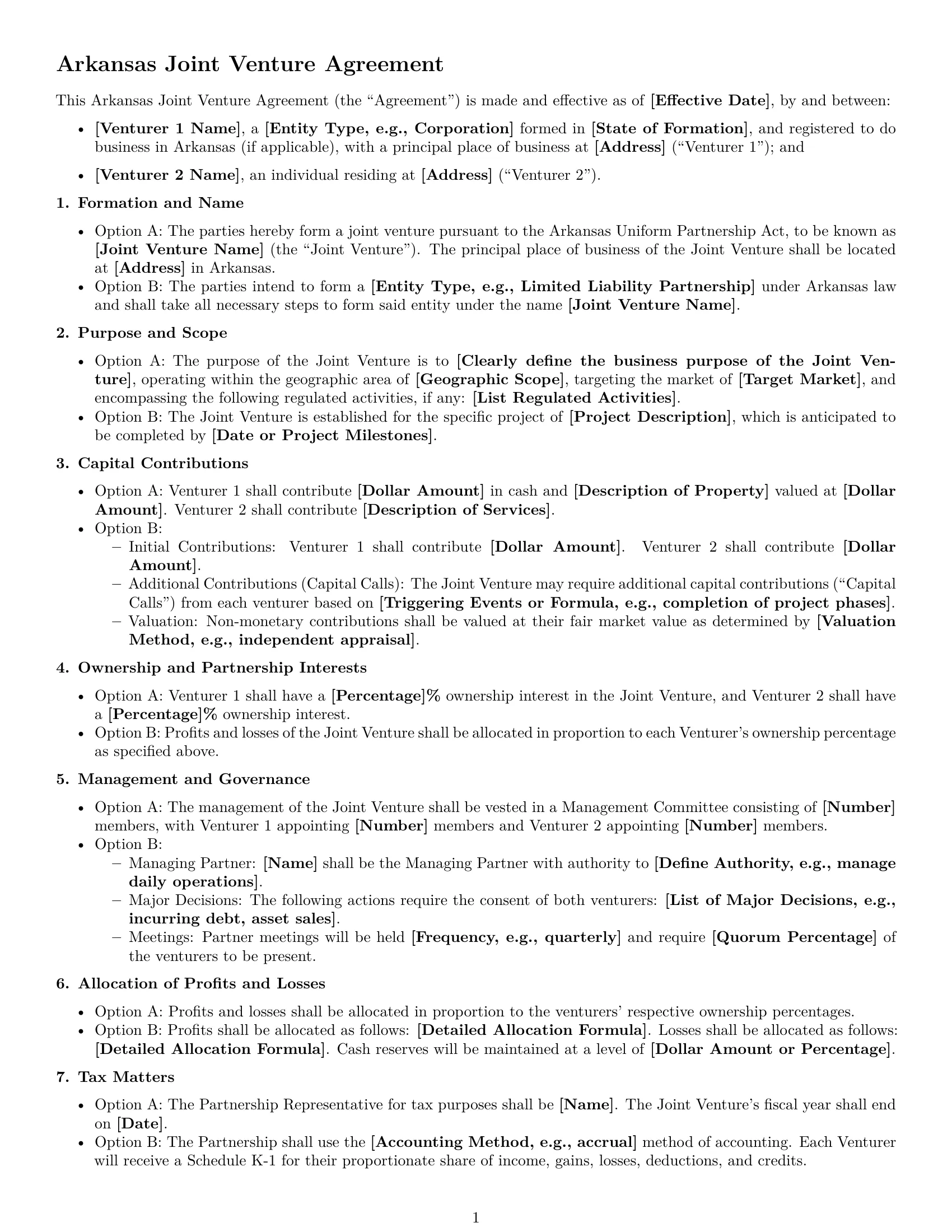 Preview page 1 of Free Arkansas joint venture agreement template