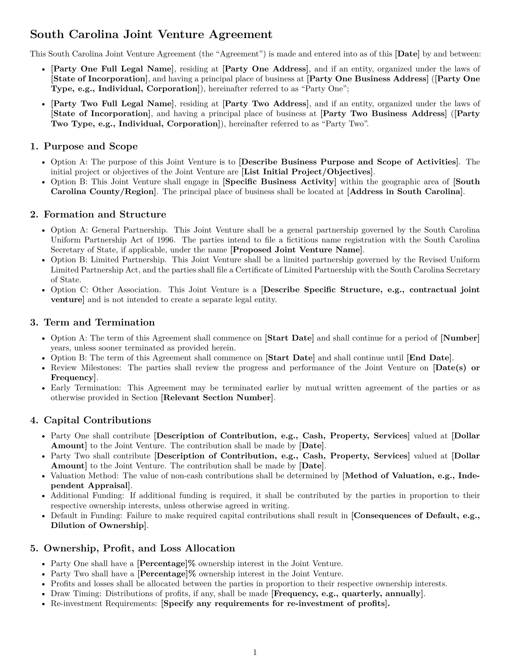 Preview page 1 of Free South Carolina joint venture agreement template