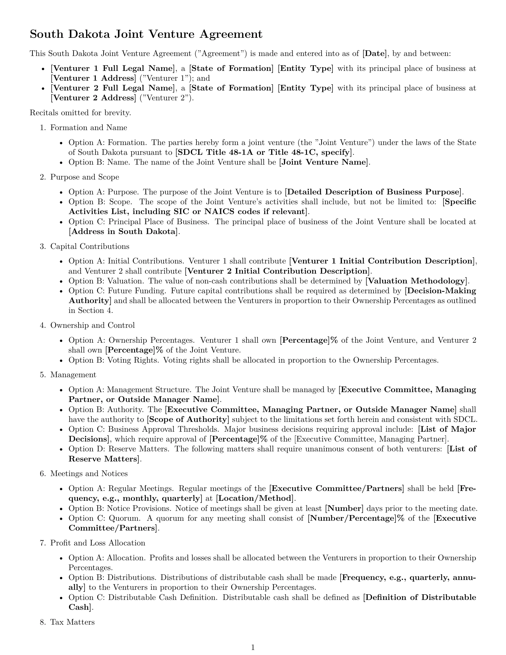 Preview page 1 of Free South Dakota joint venture agreement template