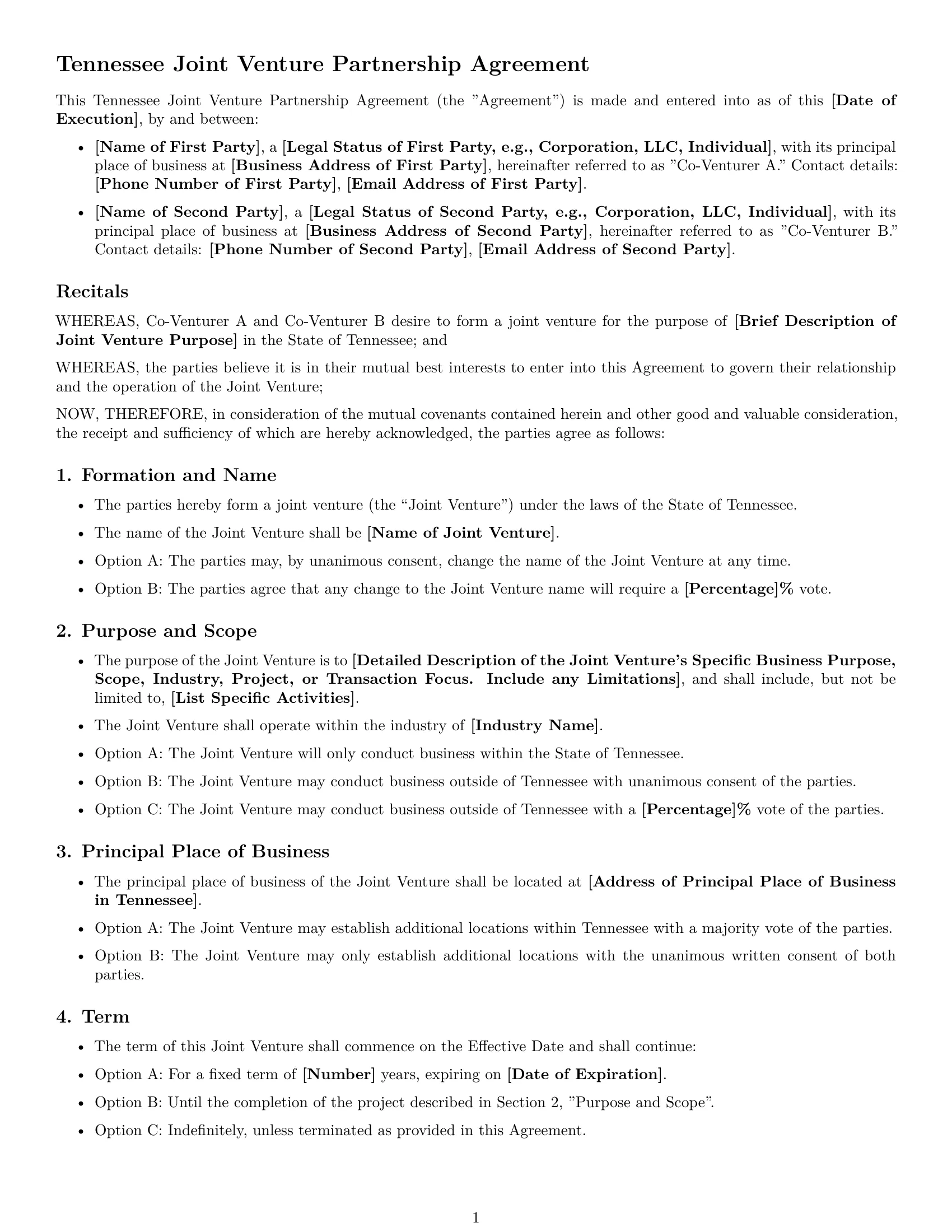 Preview page 1 of Free Tennessee joint venture agreement template