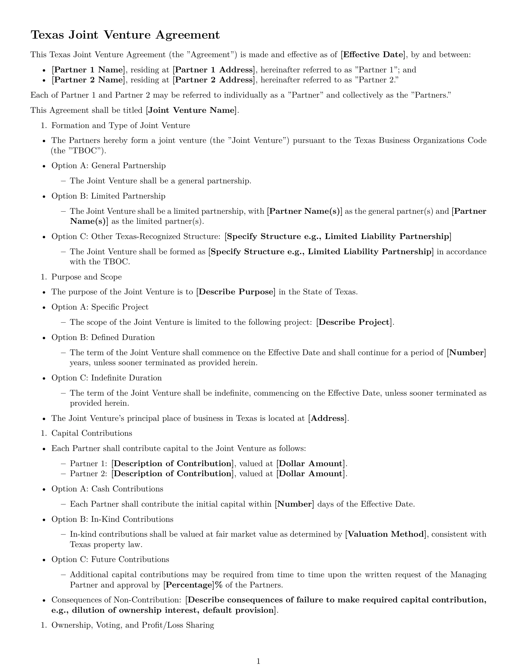 Preview page 1 of Free Texas joint venture agreement template