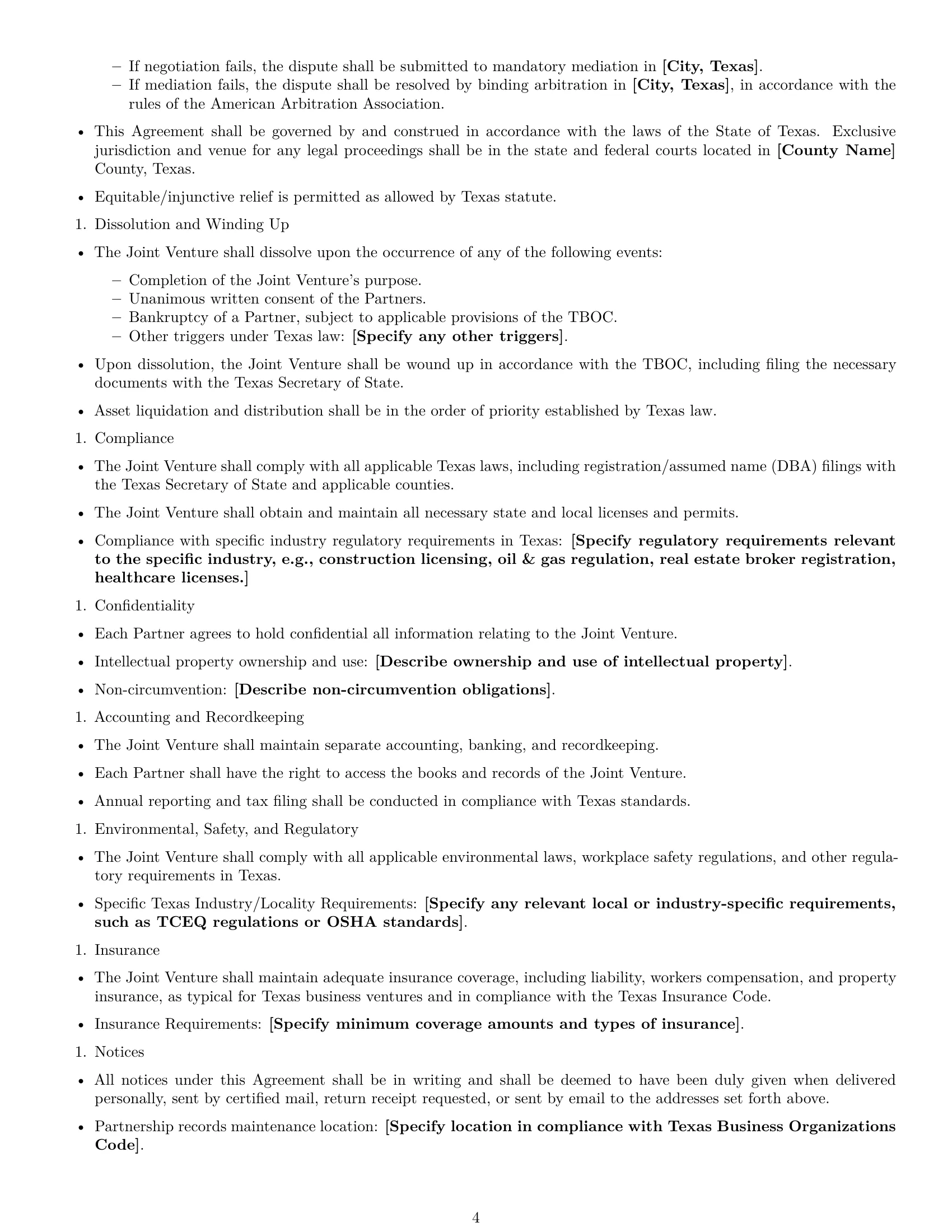 Preview page 4 of Free Texas joint venture agreement template