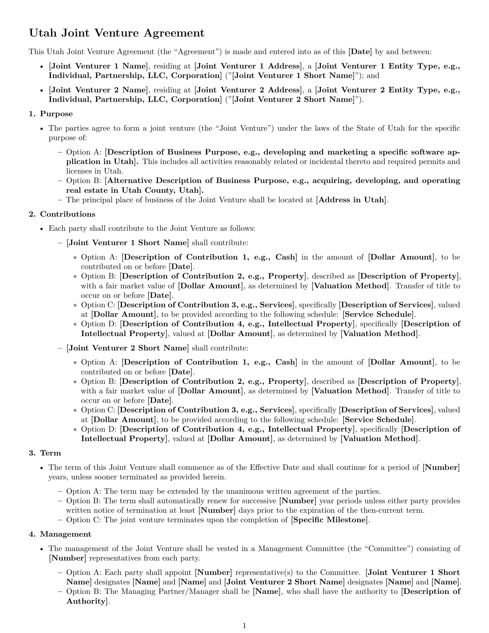 Preview page 1 of Free Utah joint venture agreement template