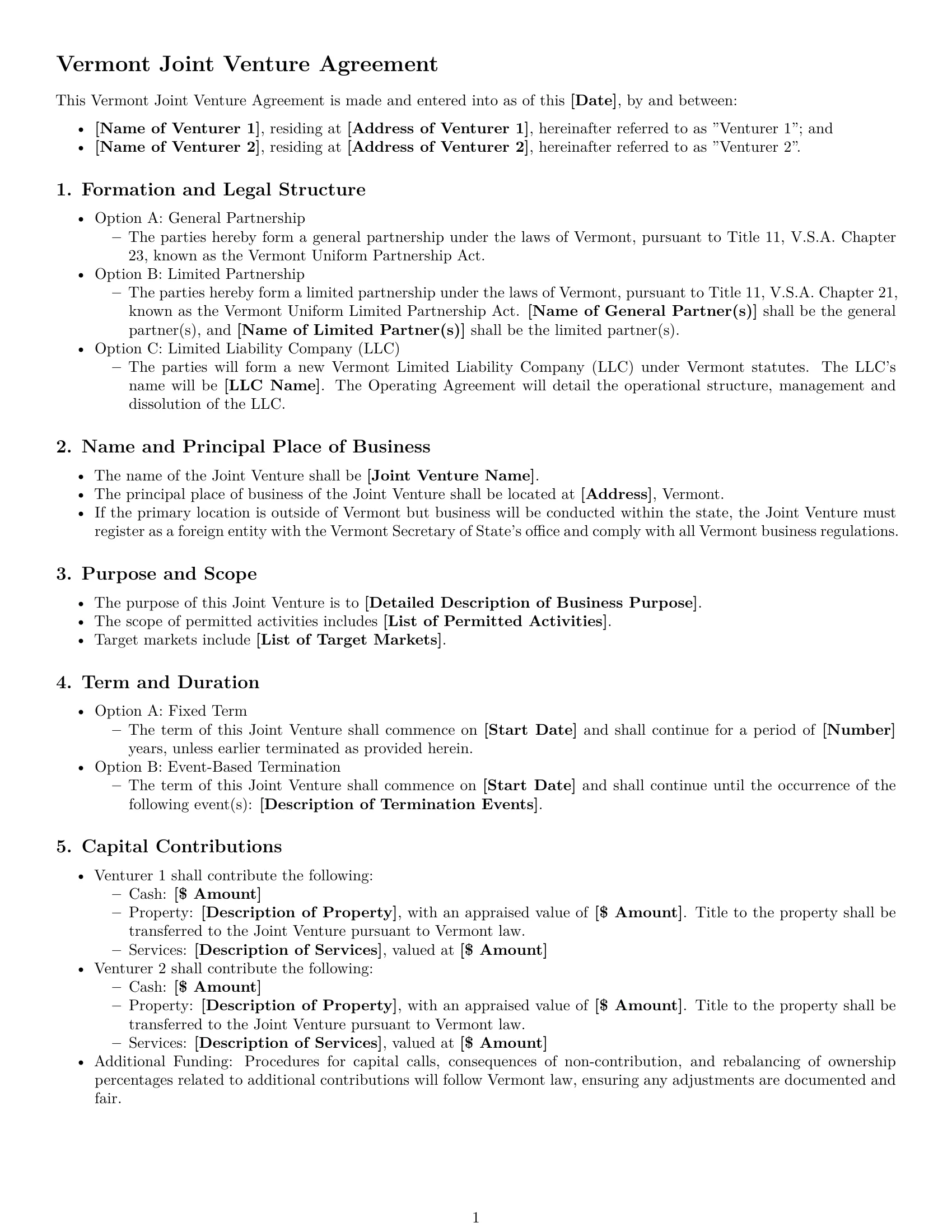 Preview page 1 of Free Vermont joint venture agreement template