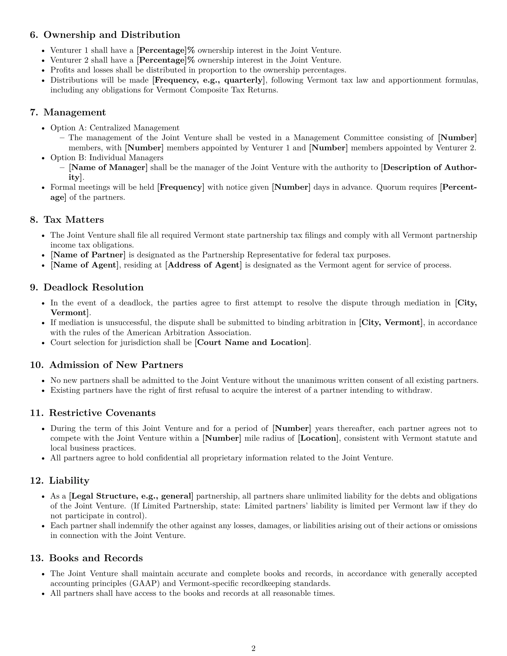 Preview page 2 of Free Vermont joint venture agreement template