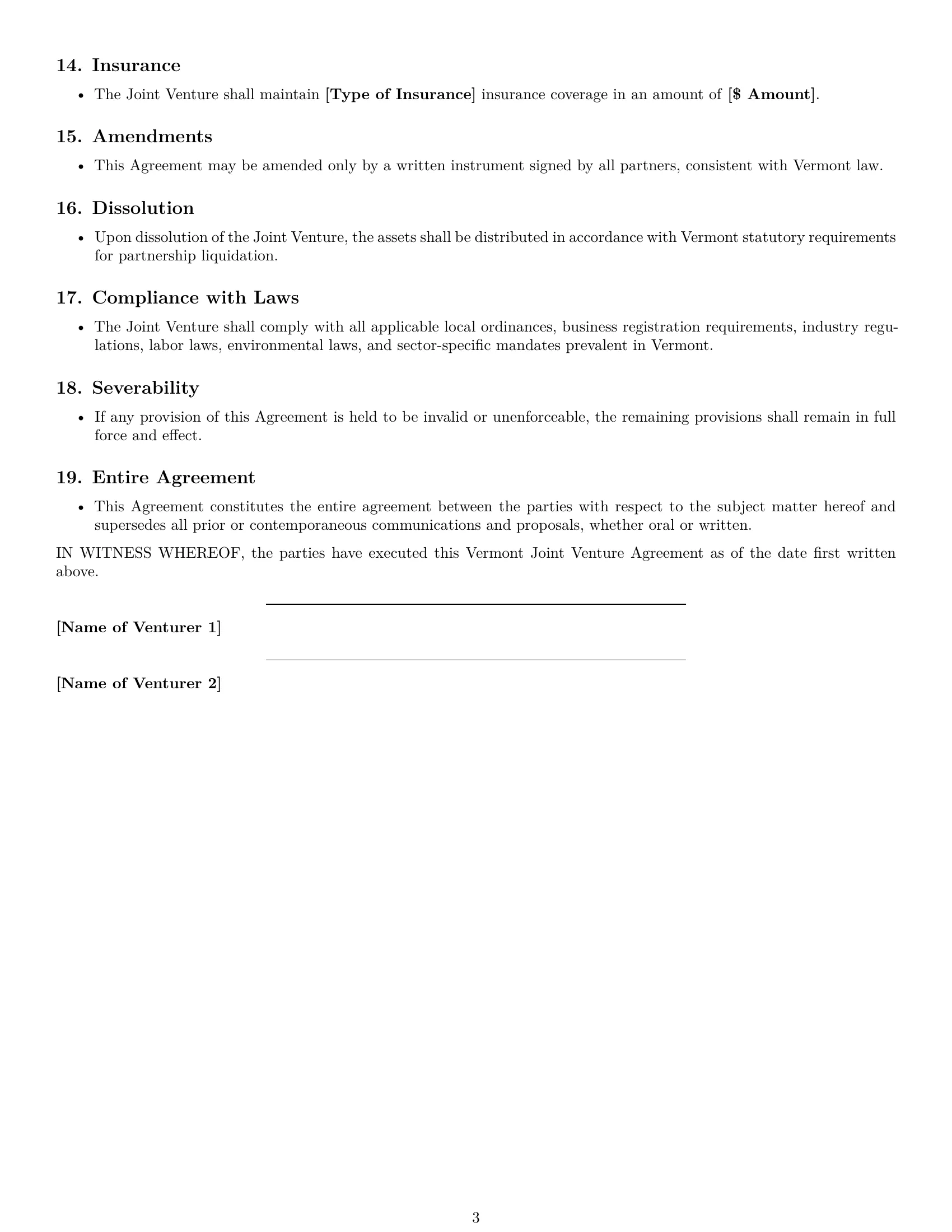 Preview page 3 of Free Vermont joint venture agreement template