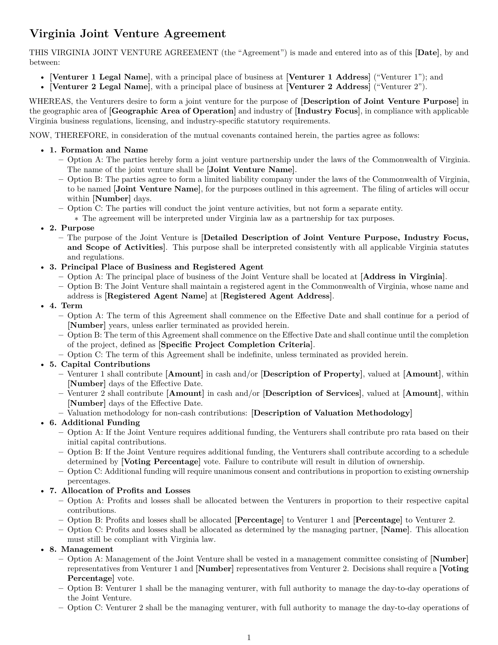 Preview page 1 of Free Virginia joint venture agreement template