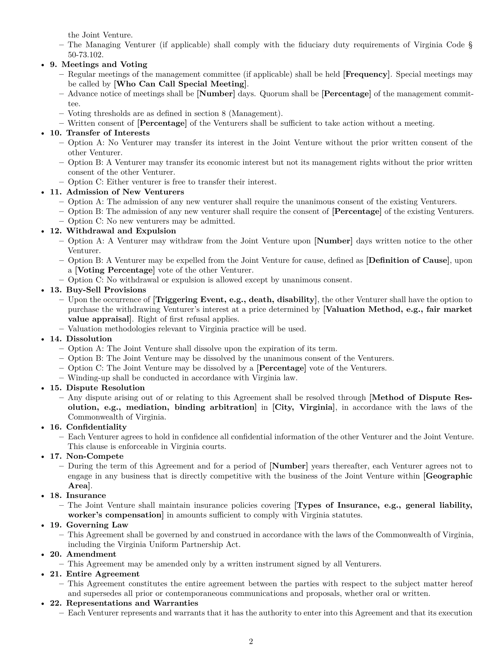 Preview page 2 of Free Virginia joint venture agreement template