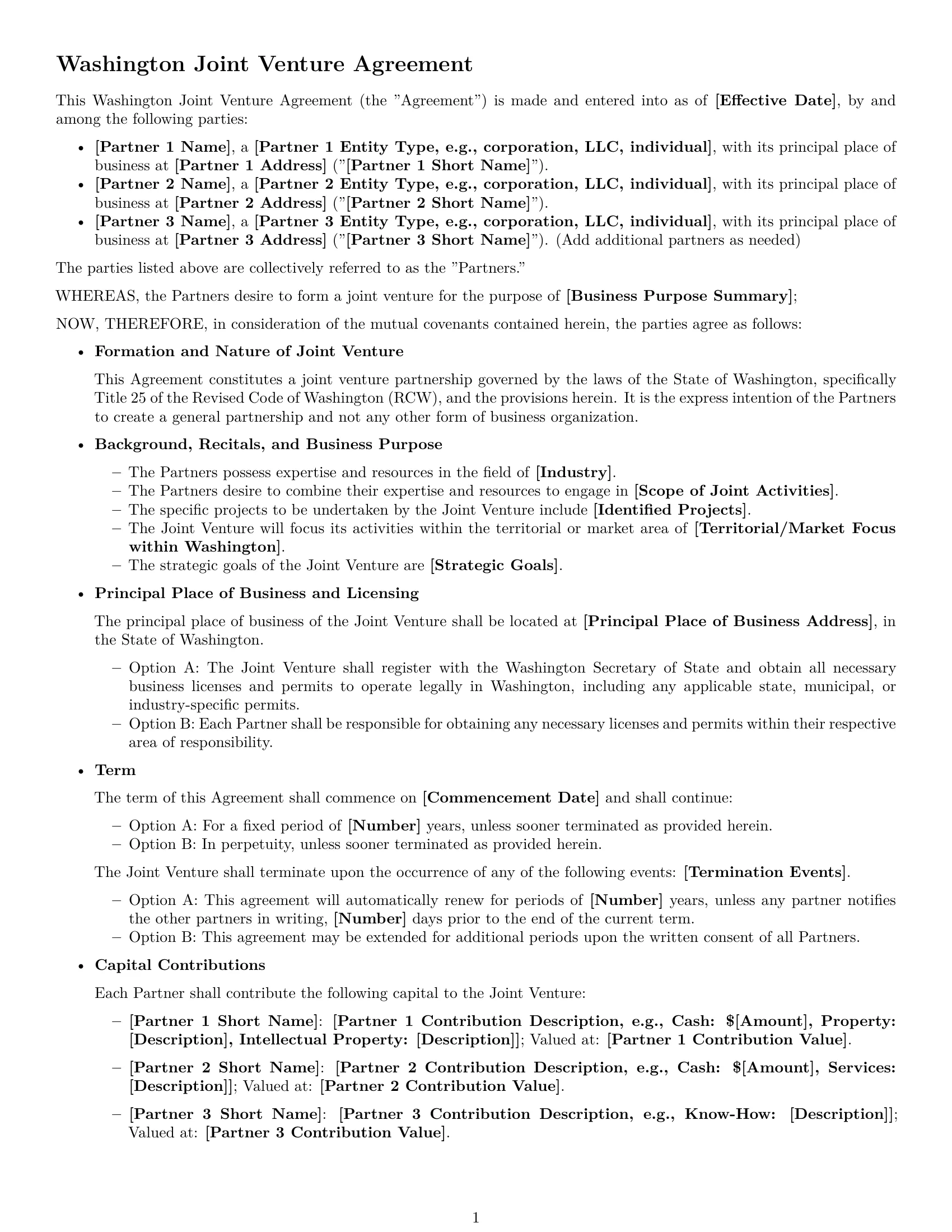 Preview page 1 of Free Washington joint venture agreement template