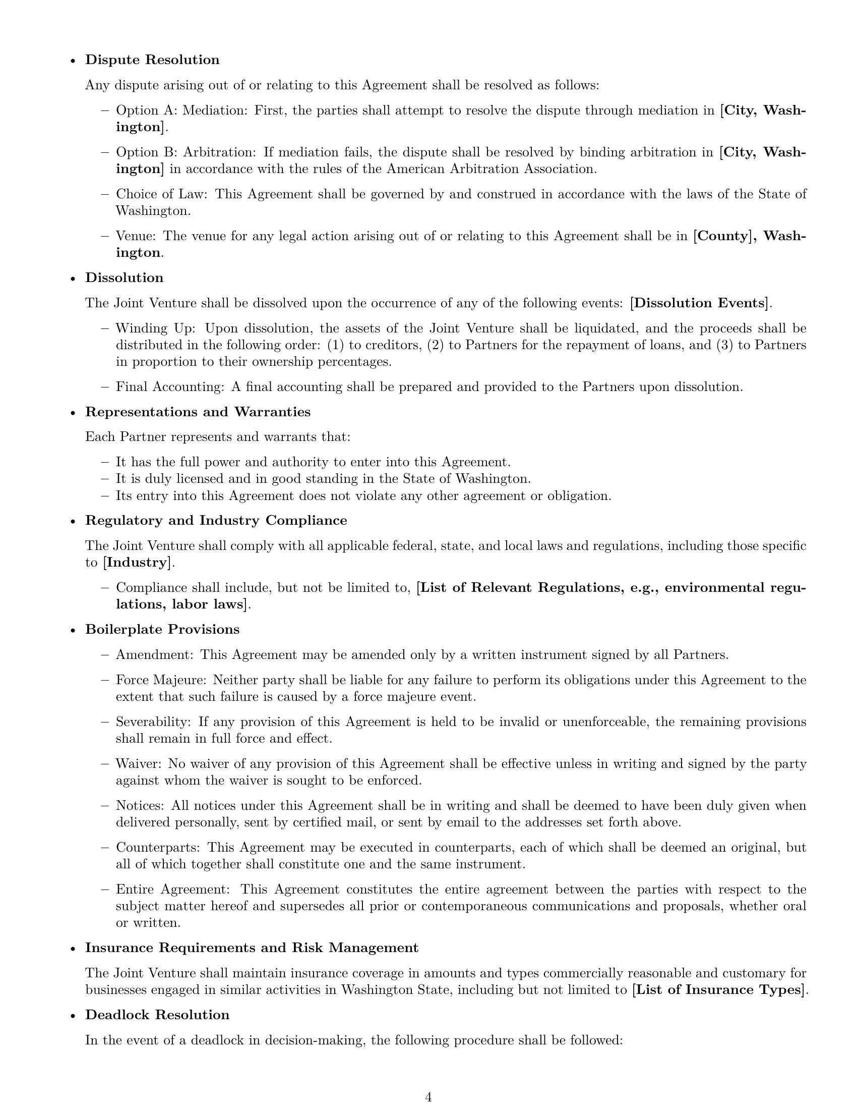 Preview page 4 of Free Washington joint venture agreement template