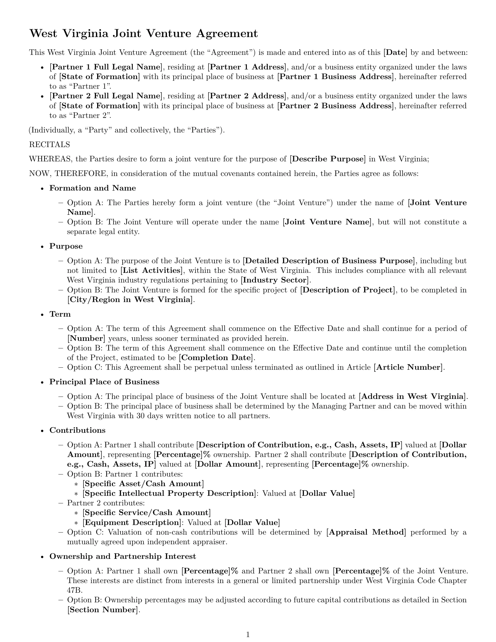 Preview page 1 of Free West Virginia joint venture agreement template