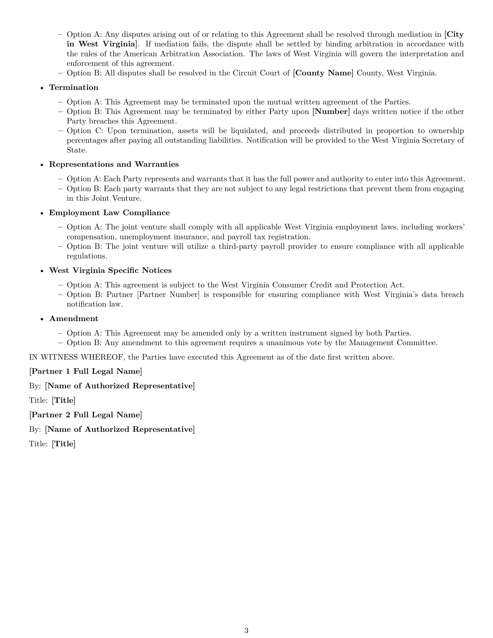 Preview page 3 of Free West Virginia joint venture agreement template