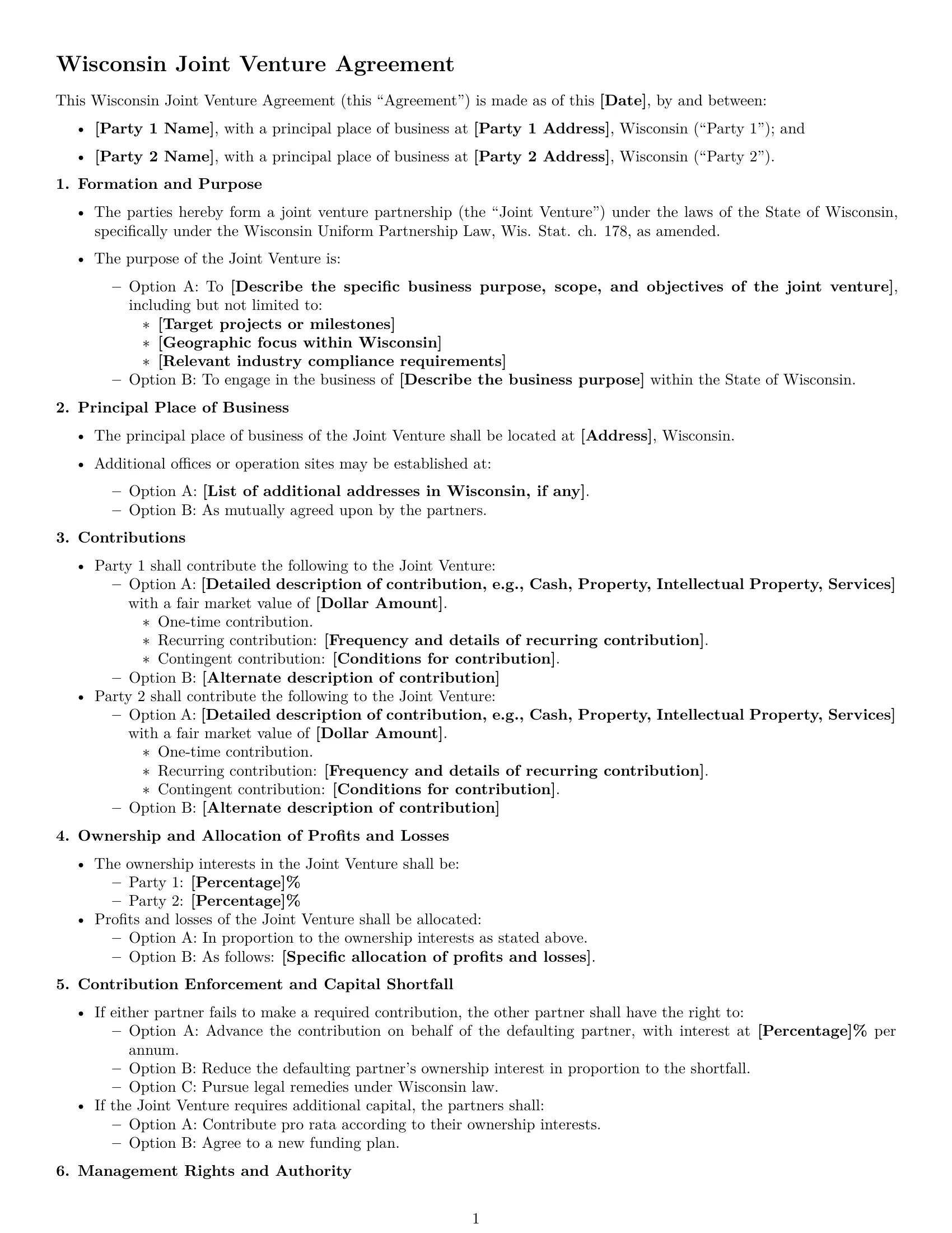 Preview page 1 of Free Wisconsin joint venture agreement template