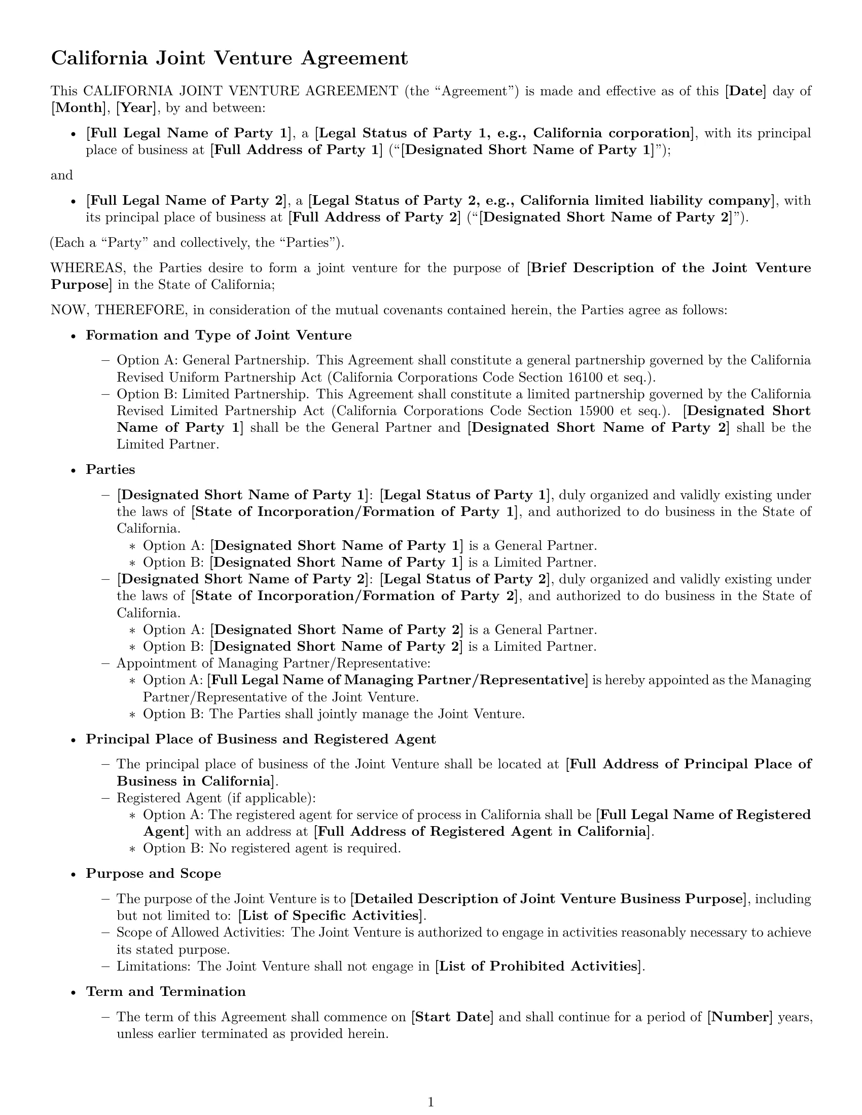 Preview page 1 of Free California joint venture agreement template