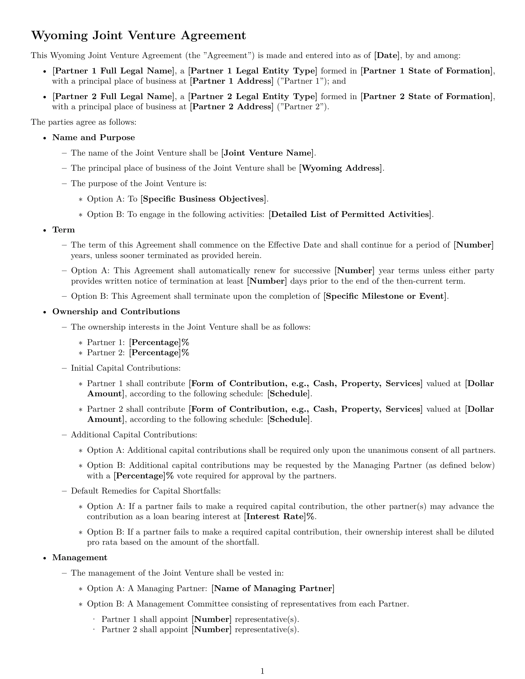 Preview page 1 of Free Wyoming joint venture agreement template