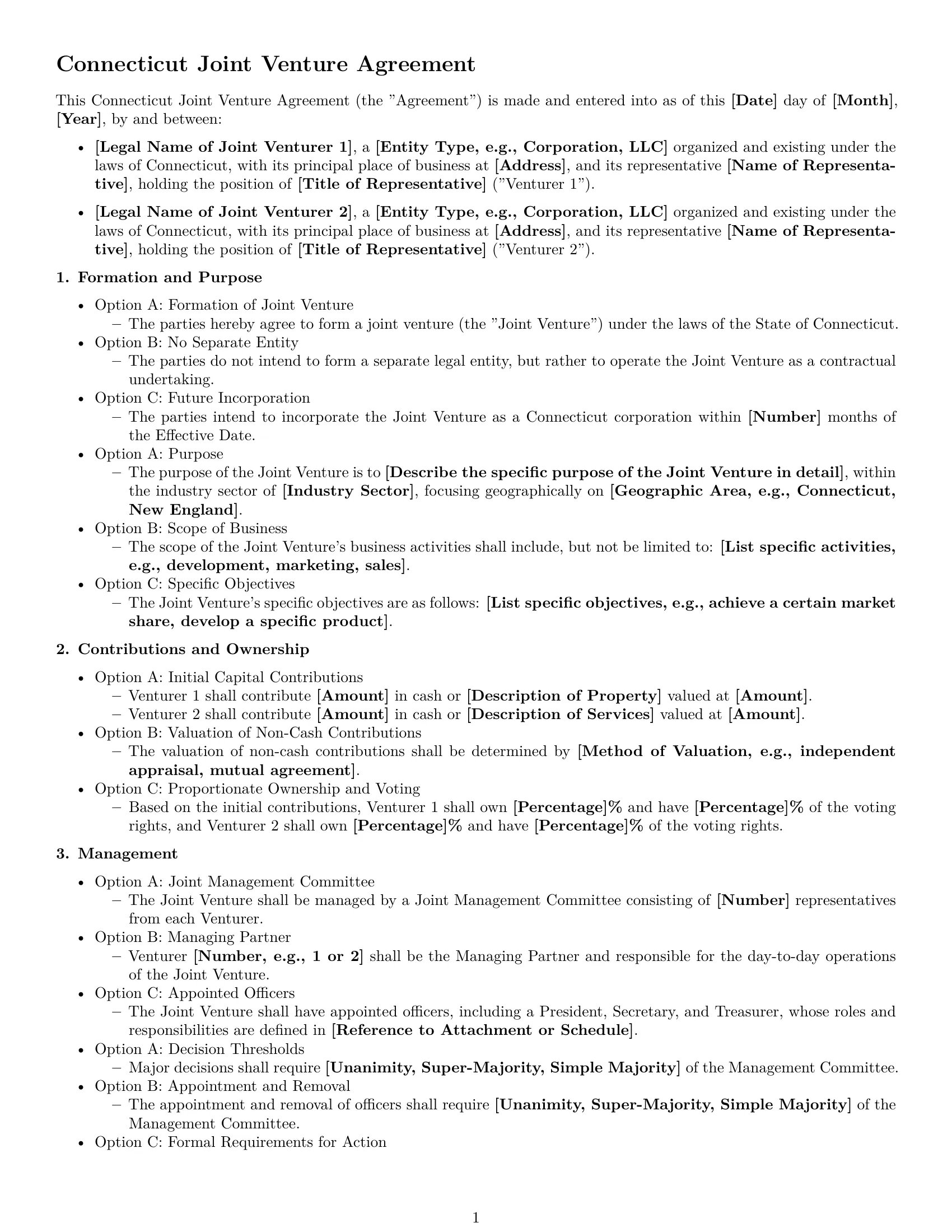Preview page 1 of Free Connecticut joint venture agreement template