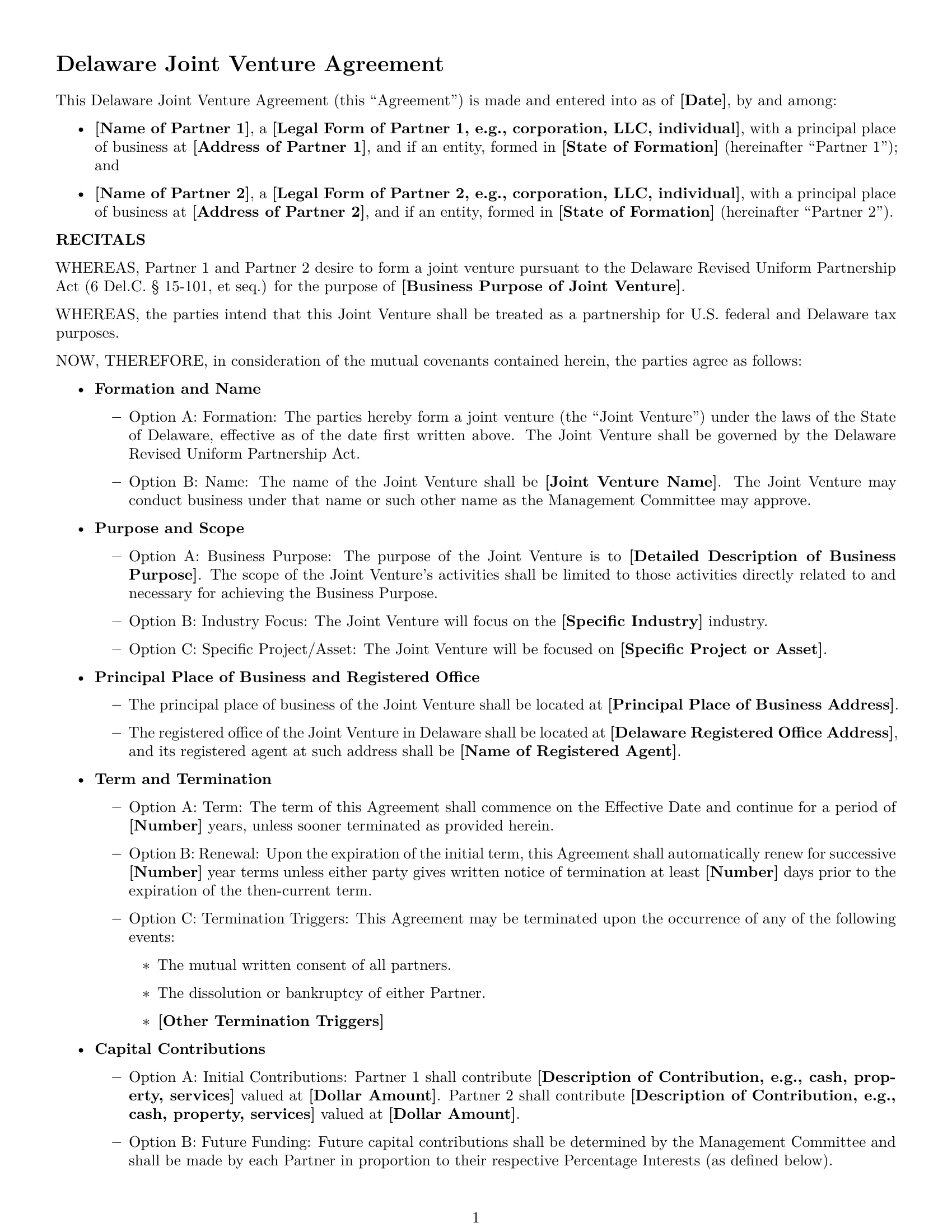 Preview page 1 of Free Delaware joint venture agreement template