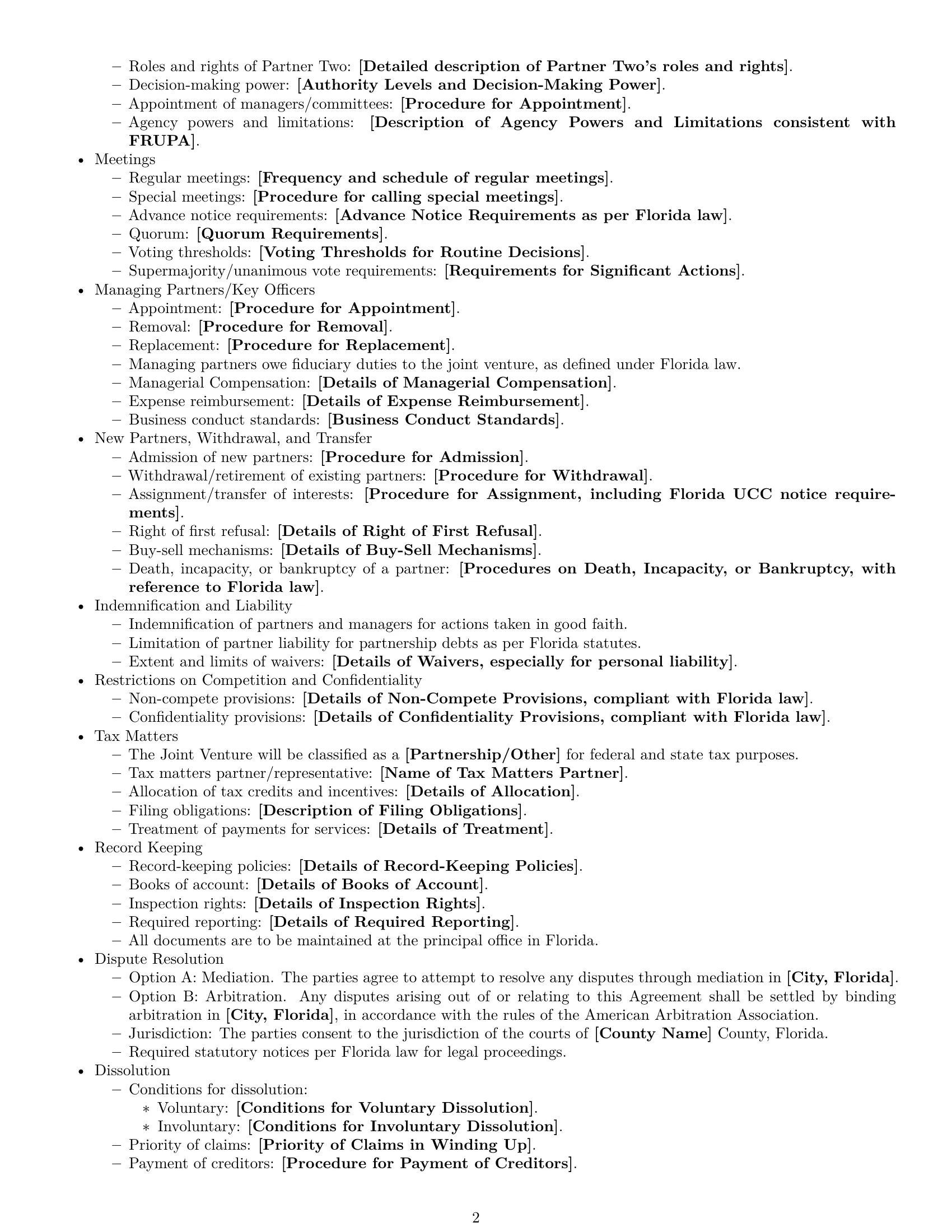 Preview page 2 of Free Florida joint venture agreement template