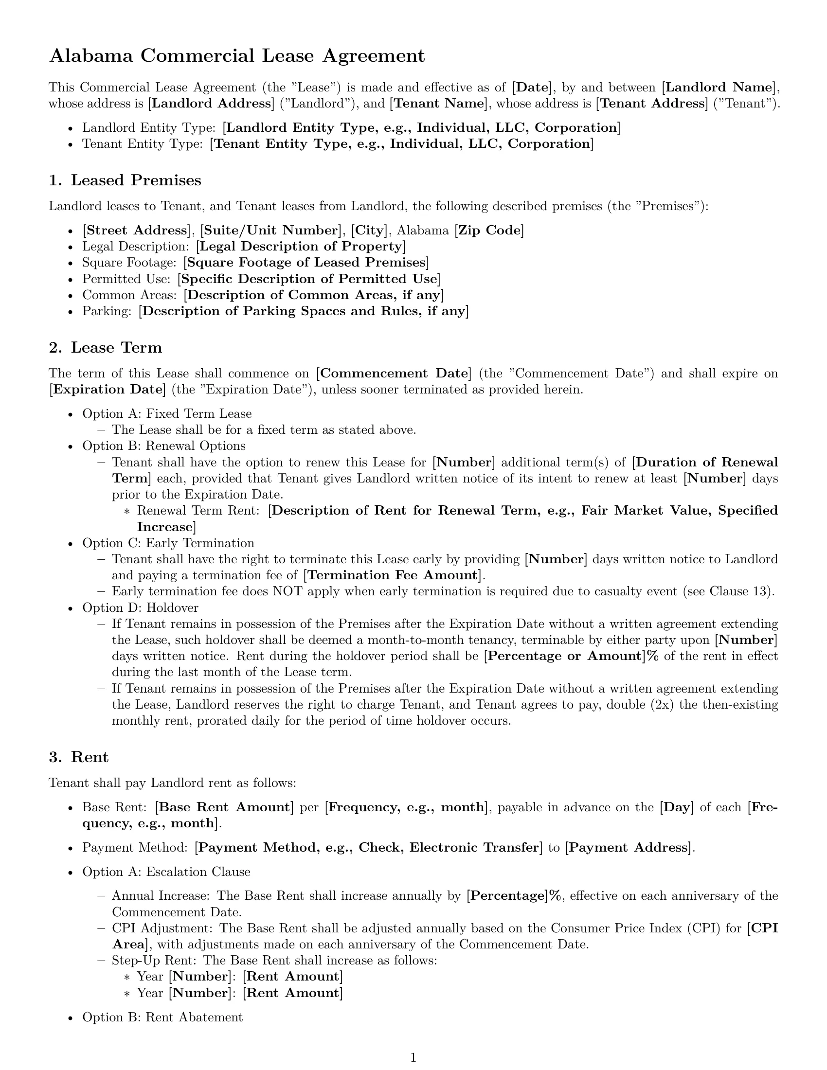 Preview page 1 of Free Alabama commercial lease agreement template