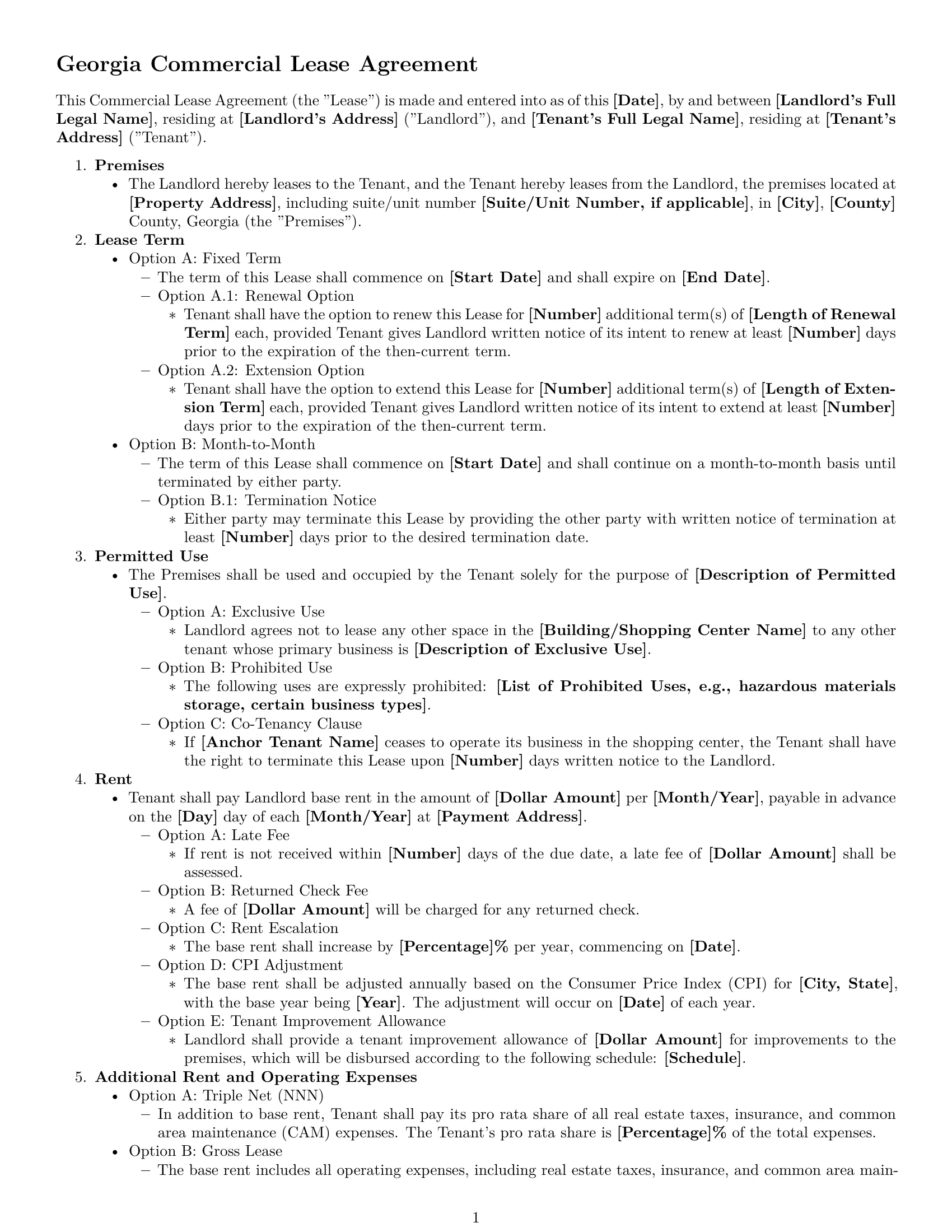 Preview page 1 of Free Georgia commercial lease agreement template