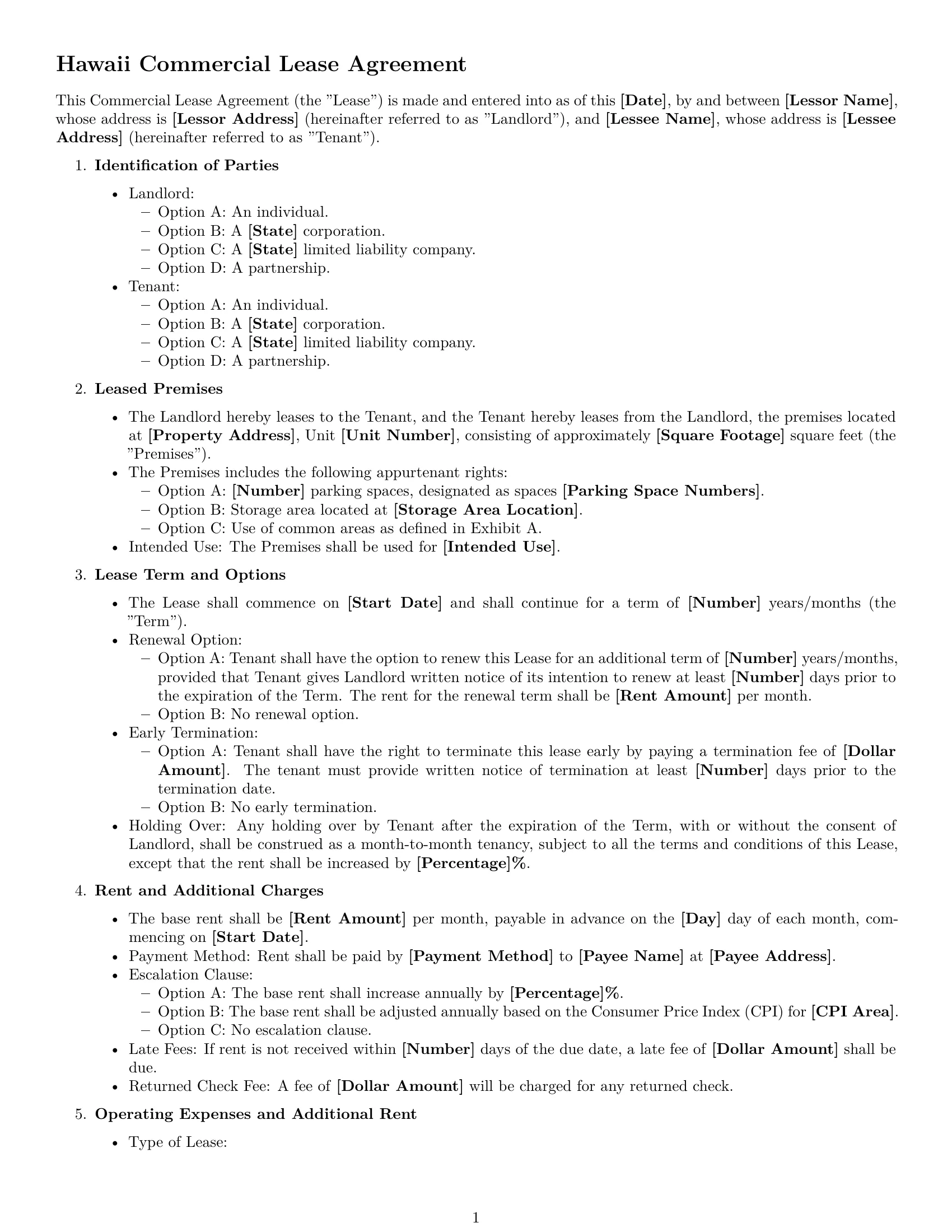 Preview page 1 of Free Hawaii commercial lease agreement template