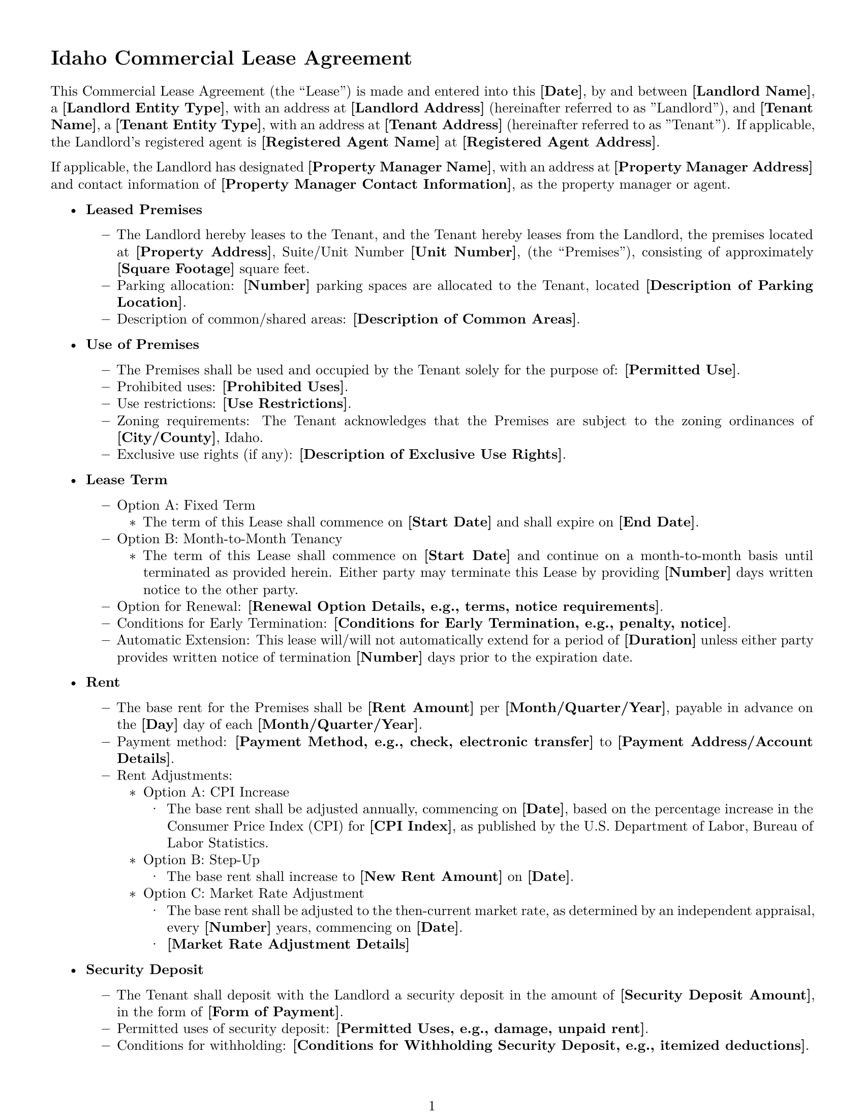 Preview page 1 of Free Idaho commercial lease agreement template