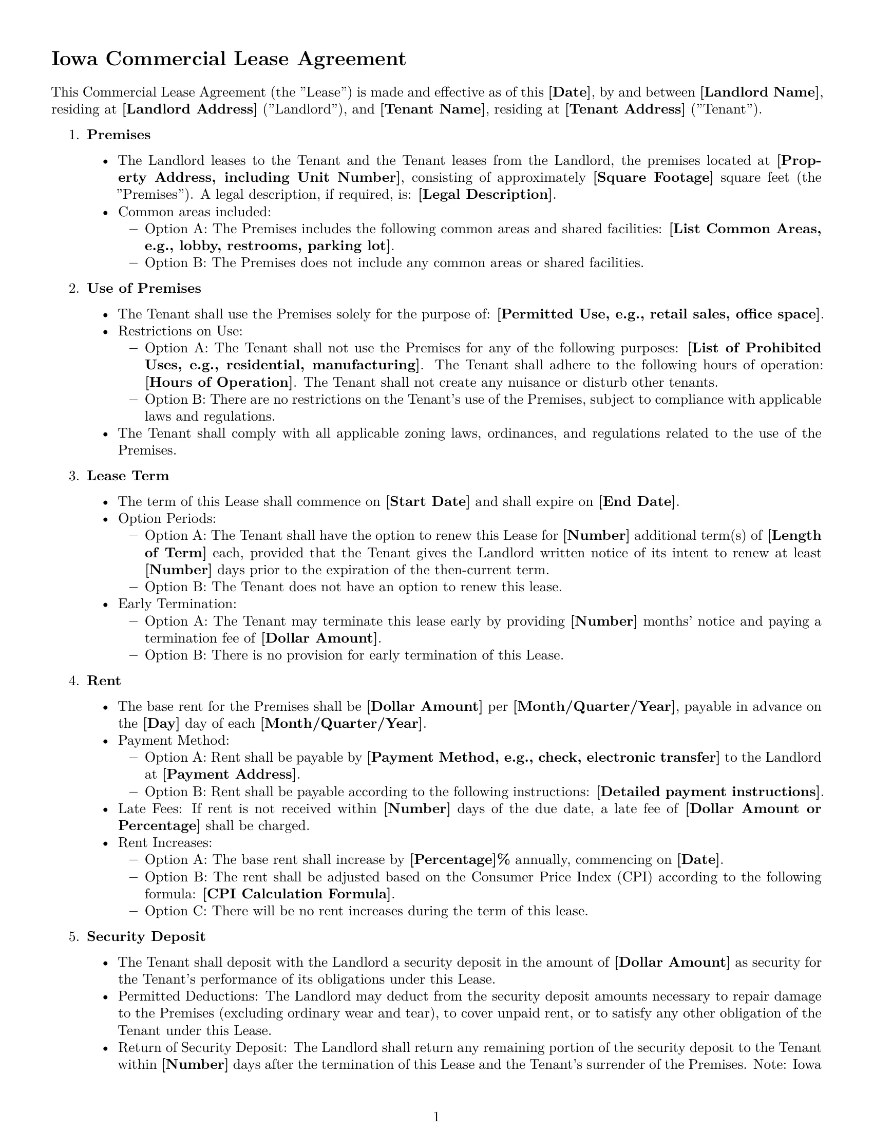 Preview page 1 of Free Iowa commercial lease agreement template