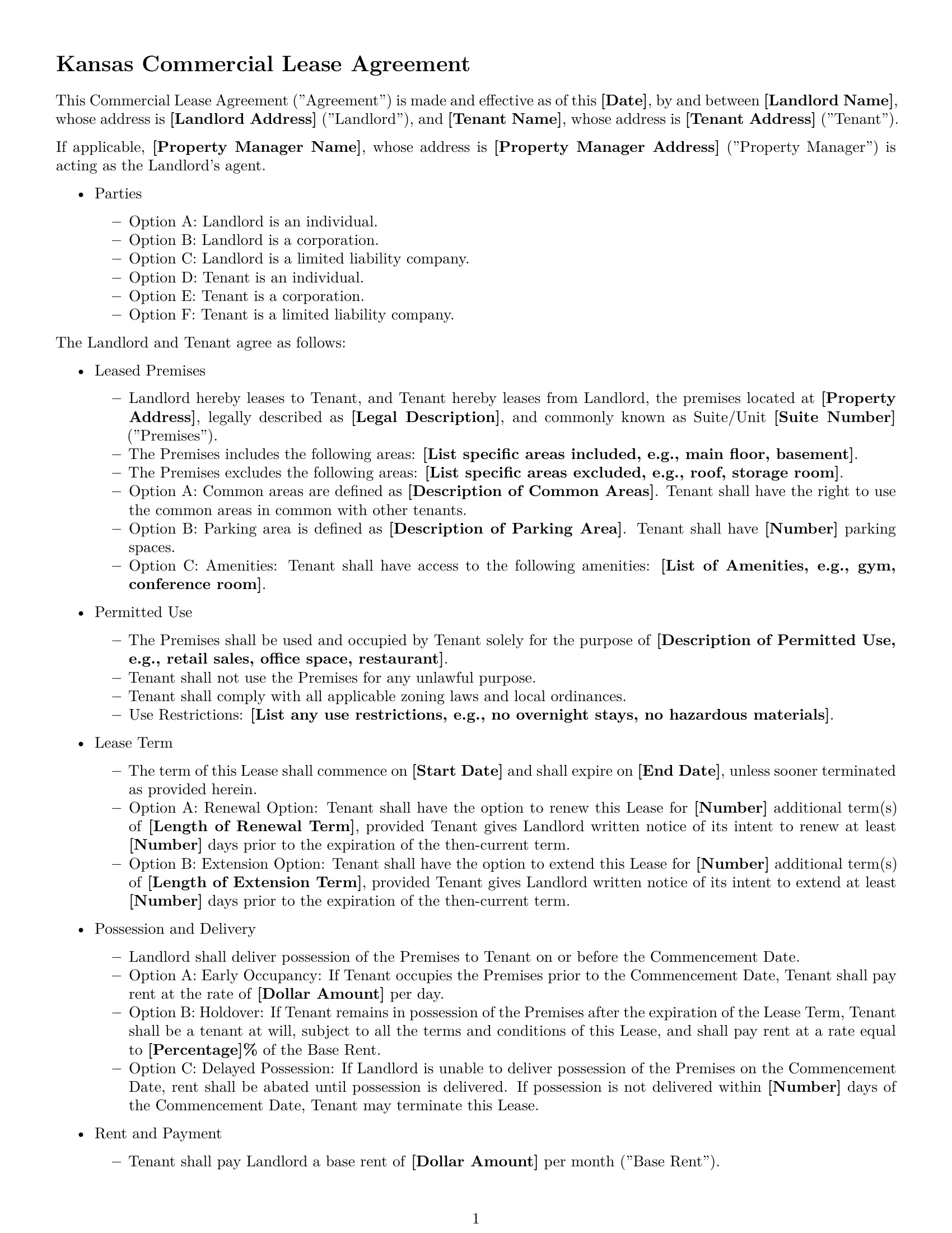 Preview page 1 of Free Kansas commercial lease agreement template