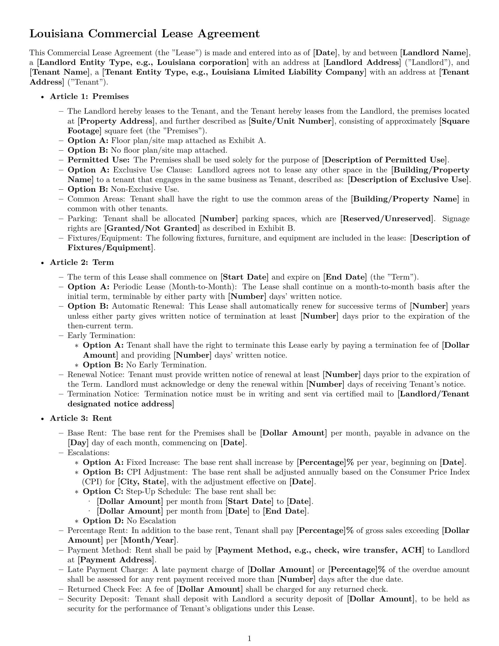 Preview page 1 of Free Louisiana commercial lease agreement template