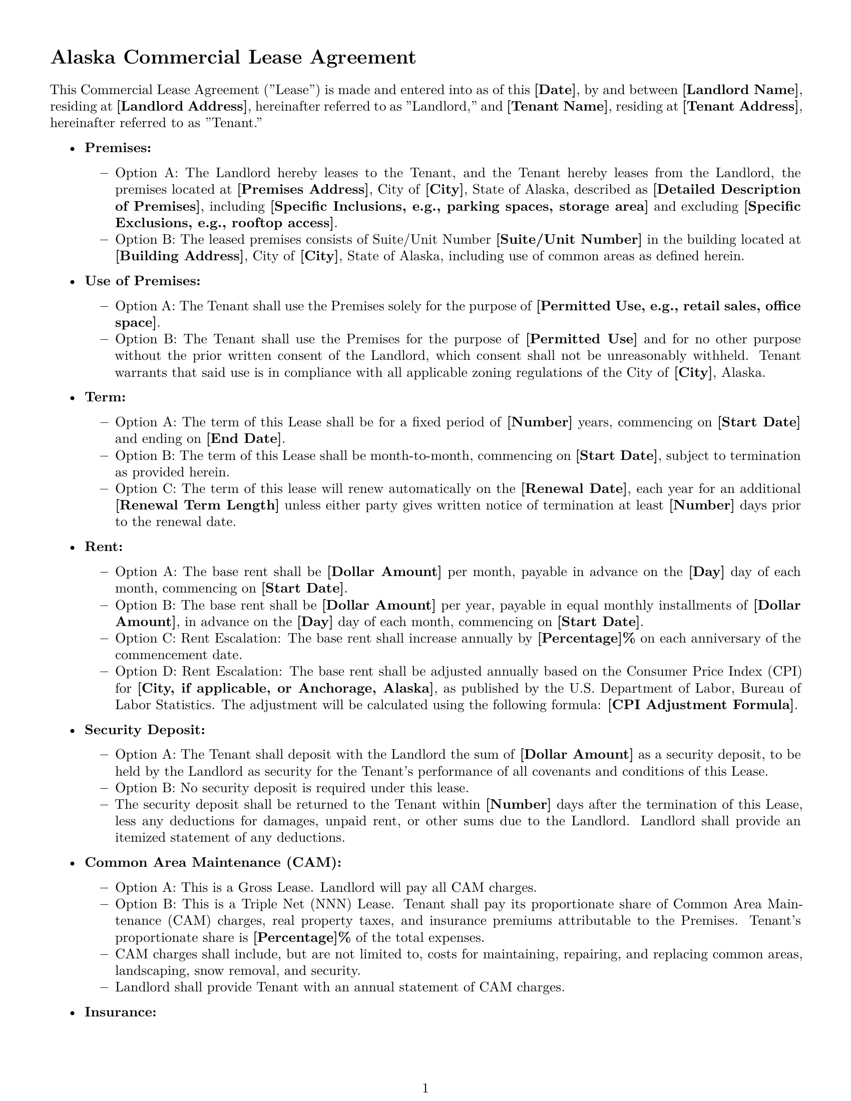 Preview page 1 of Free Alaska commercial lease agreement template