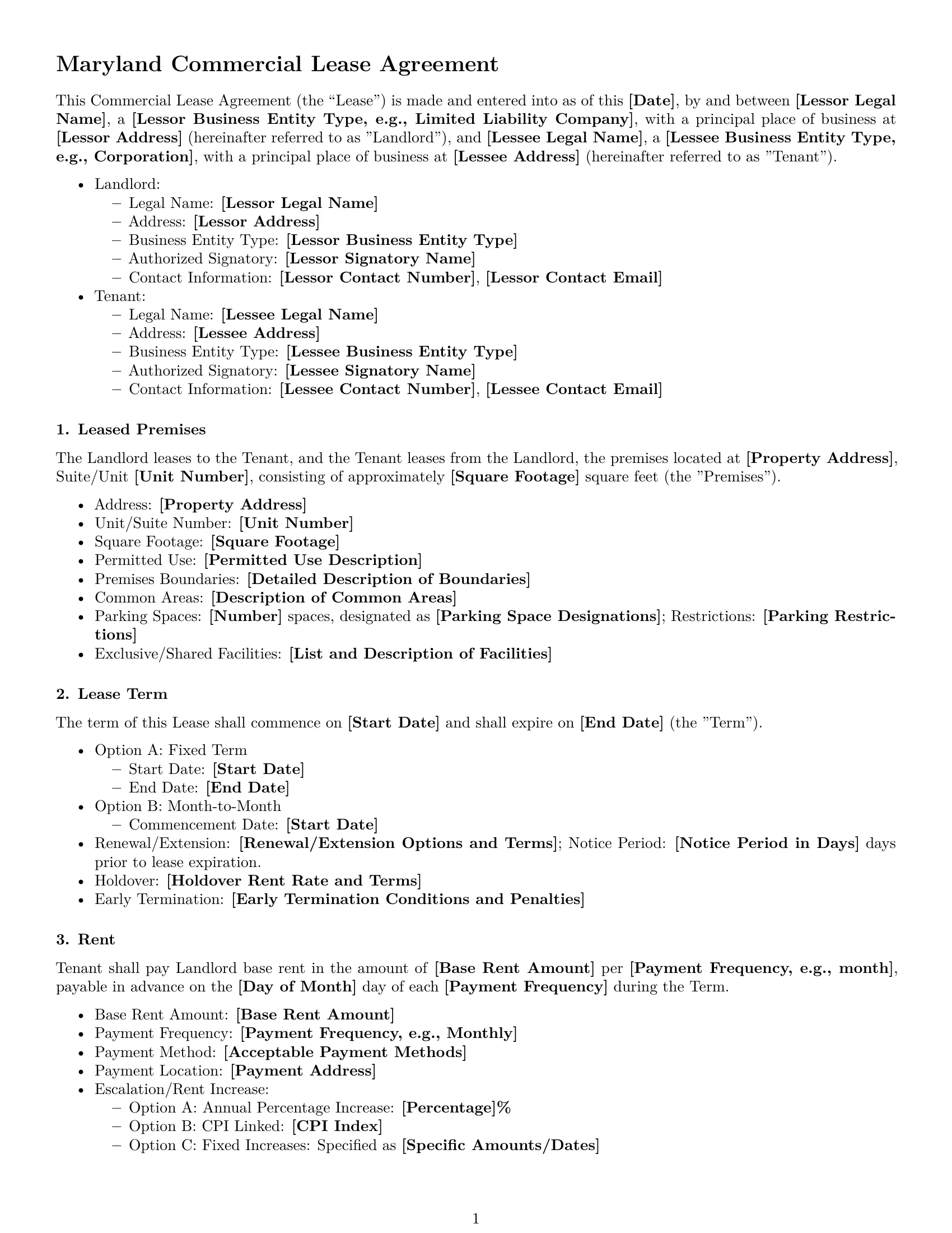 Preview page 1 of Free Maryland commercial lease agreement template