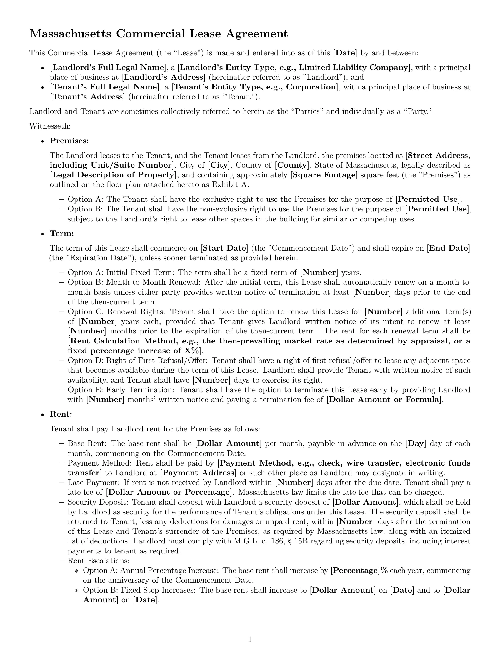 Preview page 1 of Free Massachusetts commercial lease agreement template