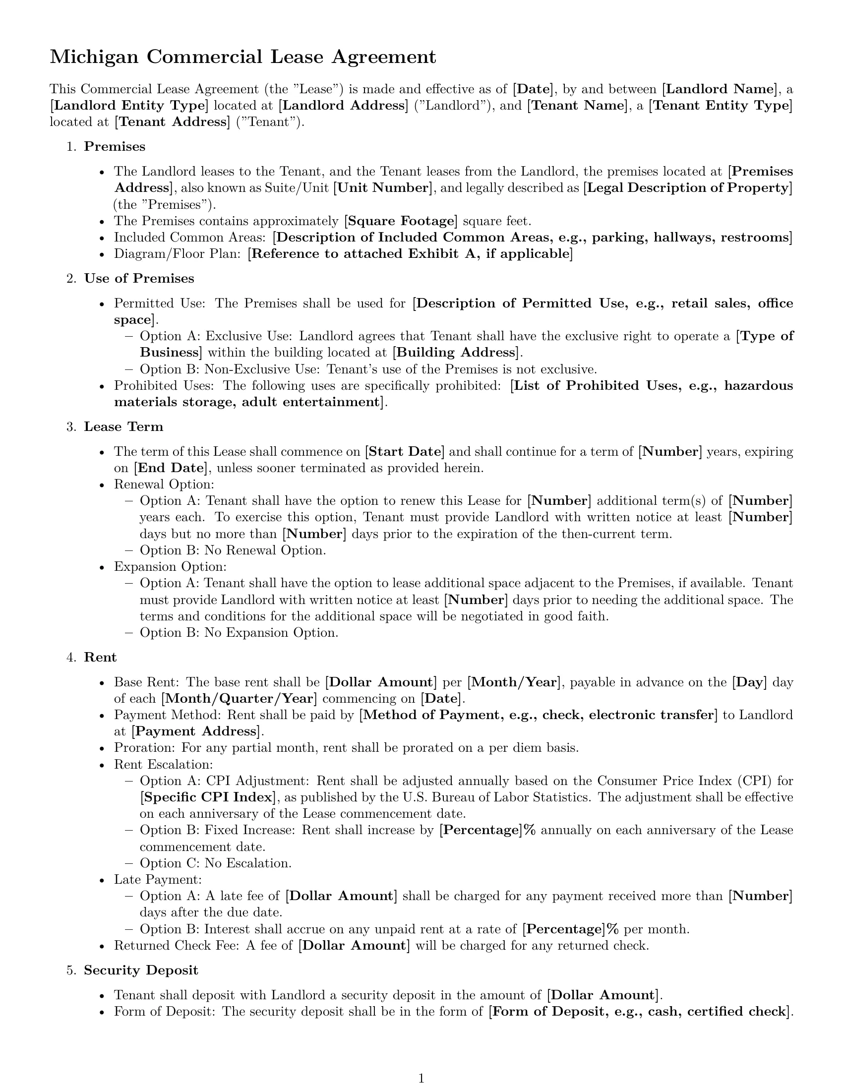Preview page 1 of Free Michigan commercial lease agreement template