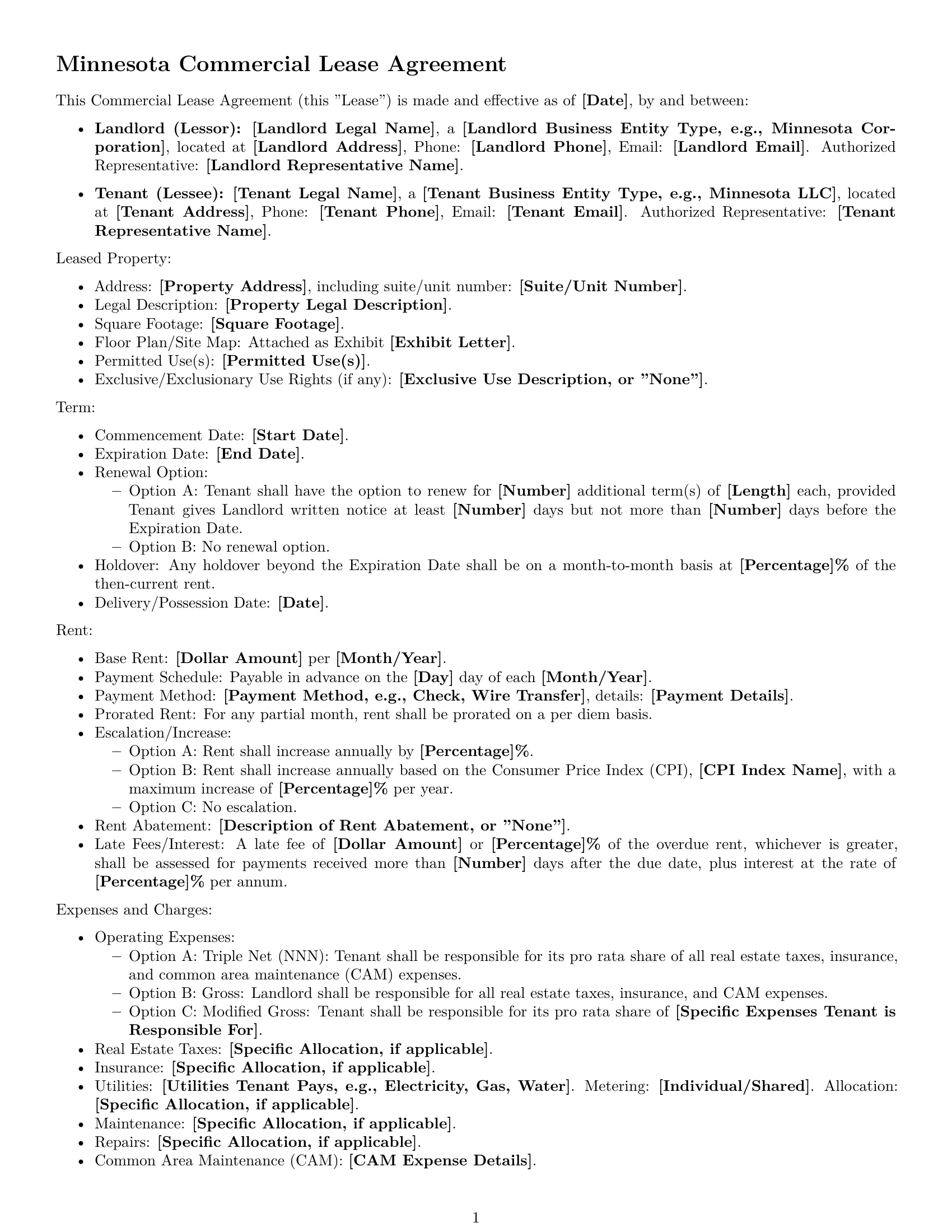 Preview page 1 of Free Minnesota commercial lease agreement template