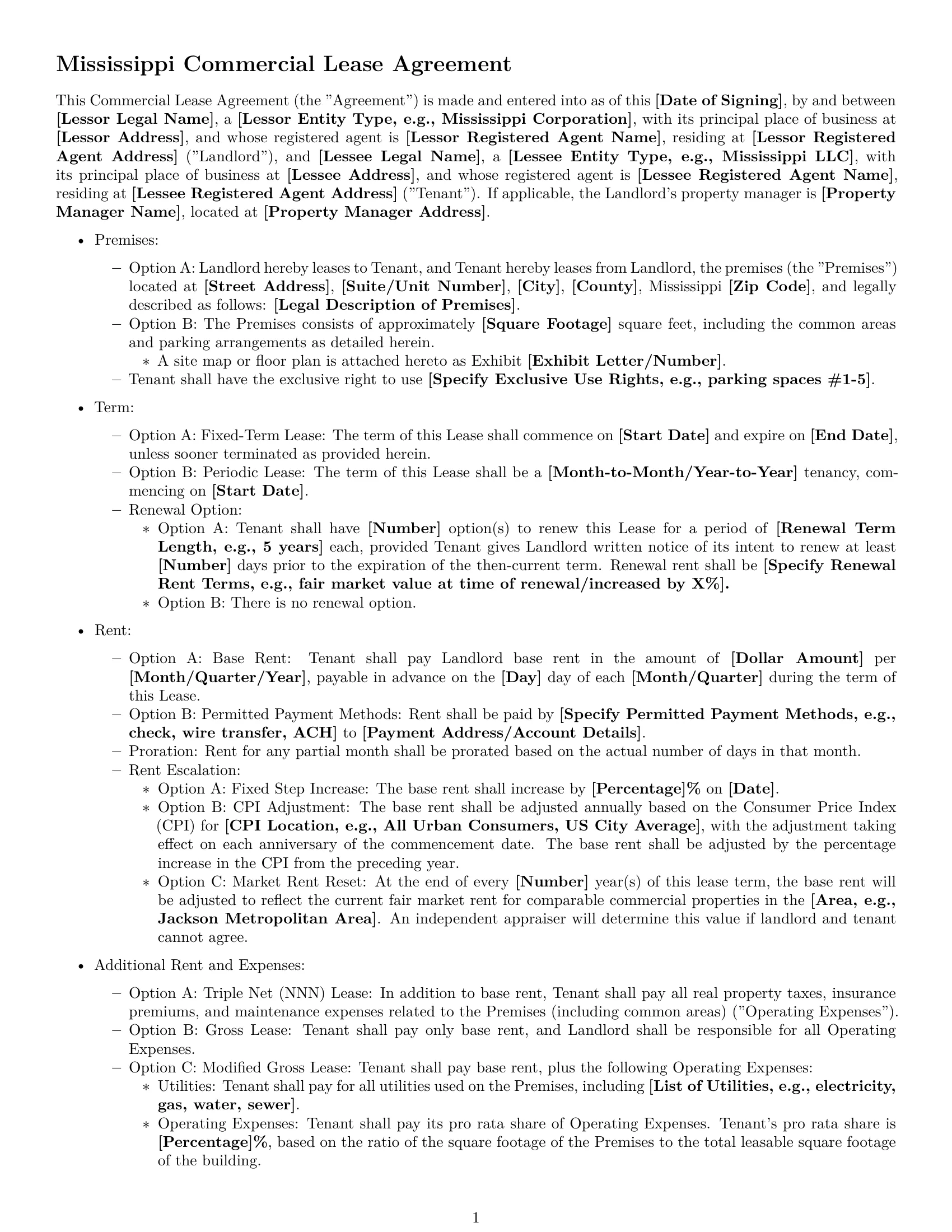 Preview page 1 of Free Mississippi commercial lease agreement template