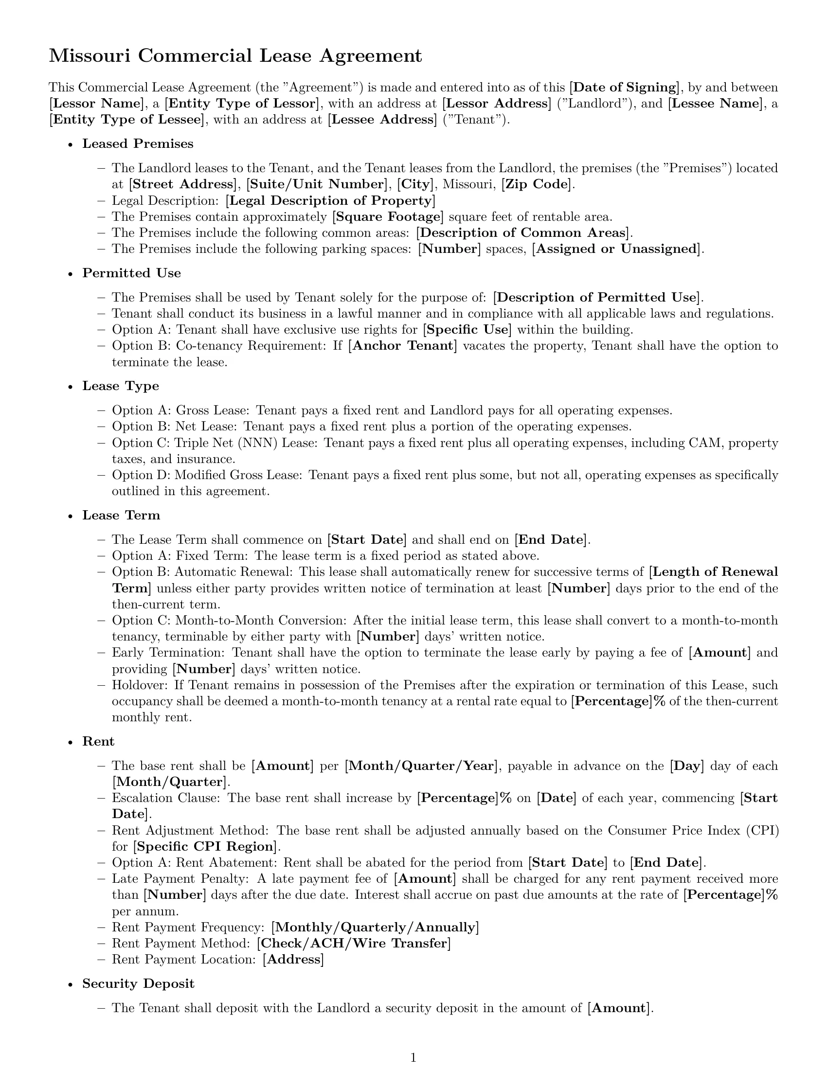 Preview page 1 of Free Missouri commercial lease agreement template