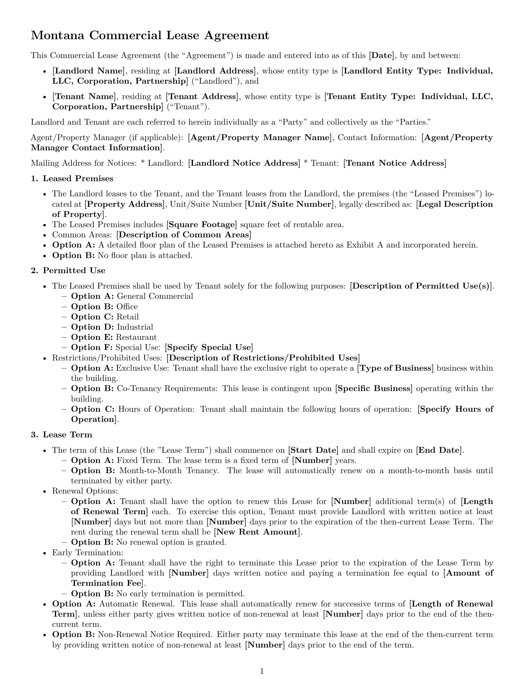 Preview page 1 of Free Montana commercial lease agreement template