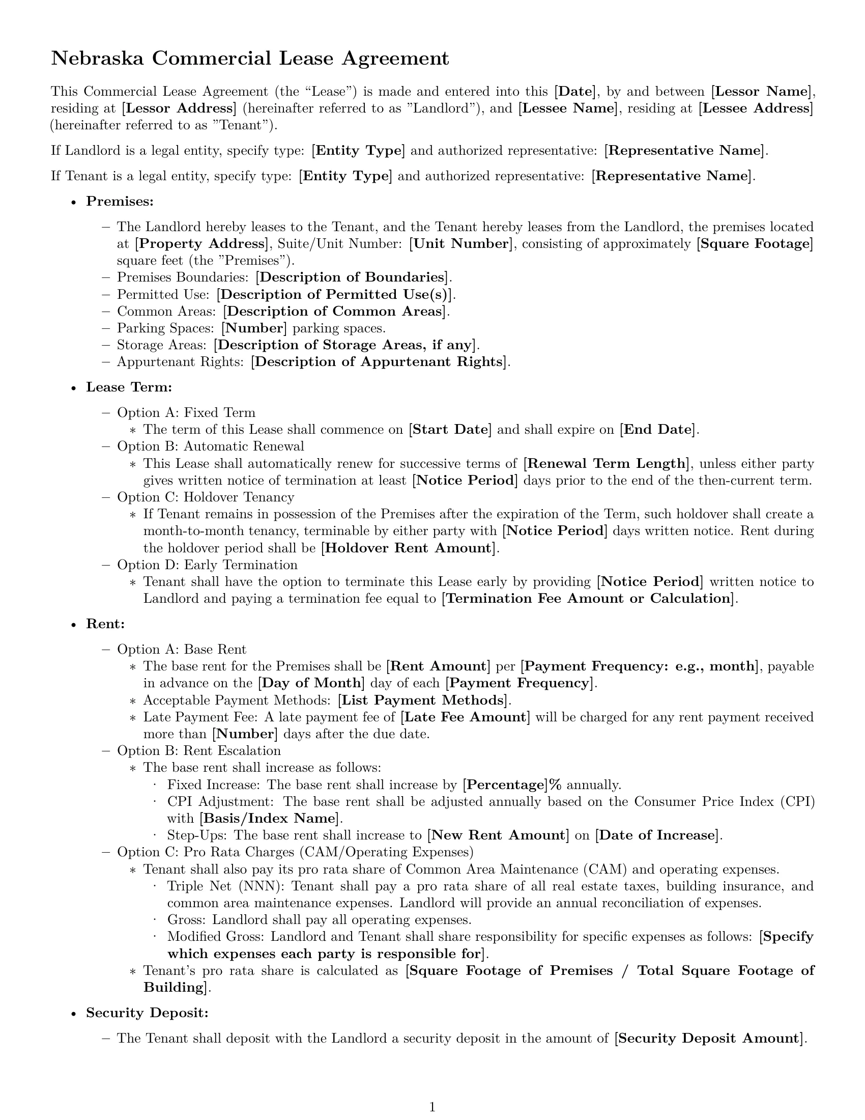 Preview page 1 of Free Nebraska commercial lease agreement template