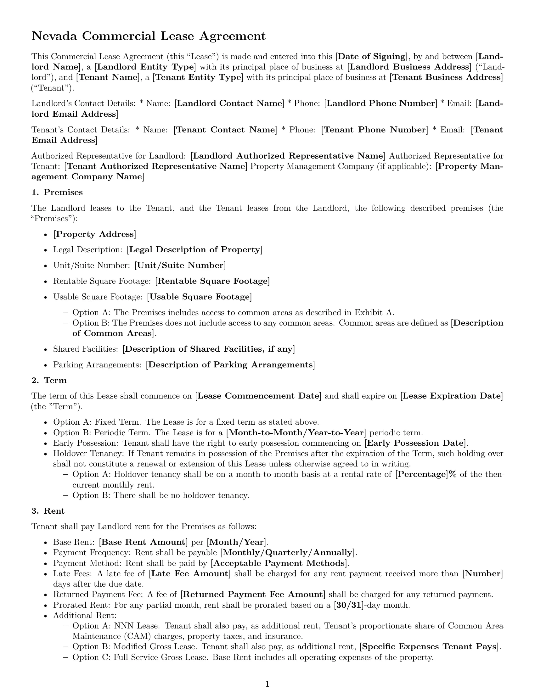 Preview page 1 of Free Nevada commercial lease agreement template