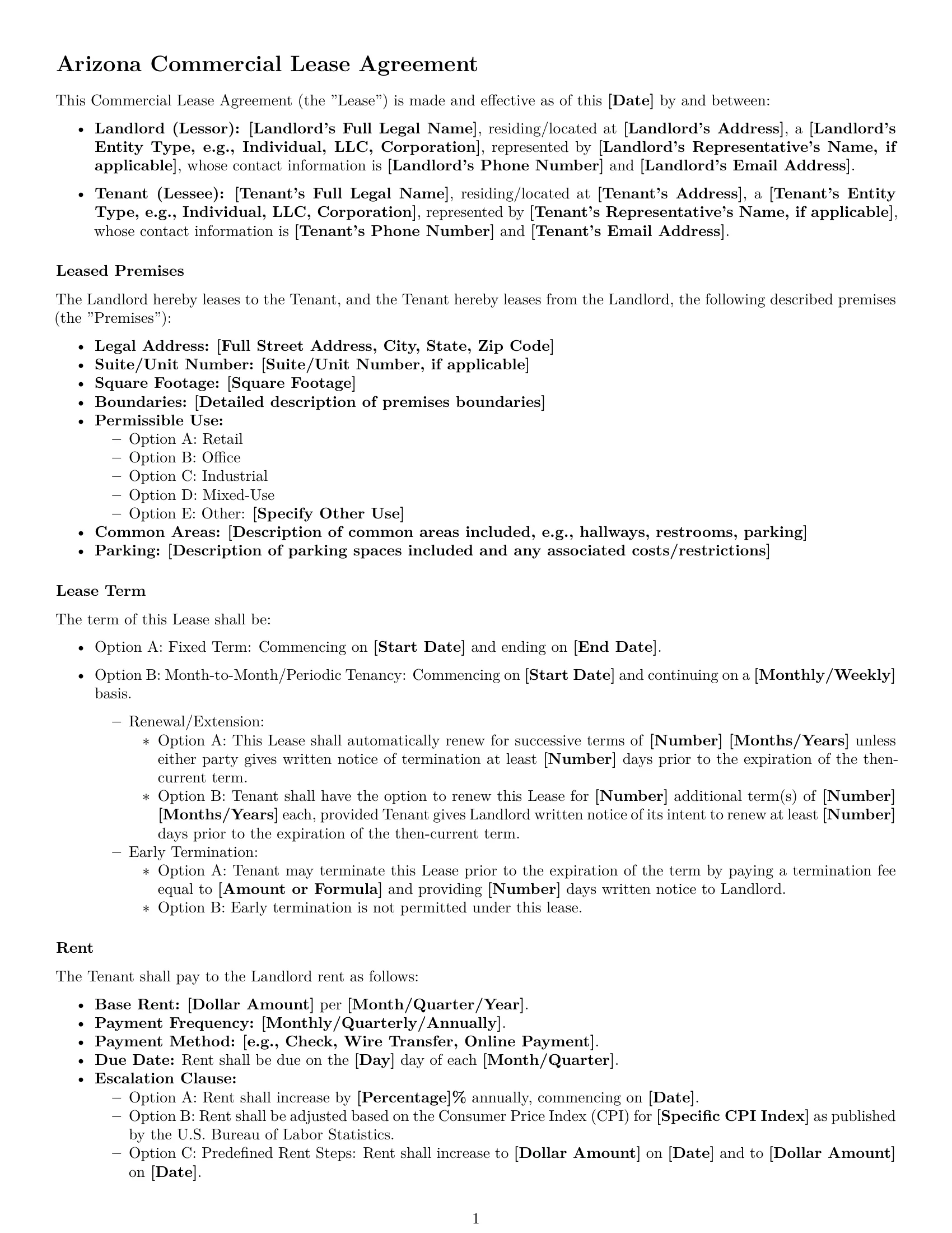 Preview page 1 of Free Arizona commercial lease agreement template