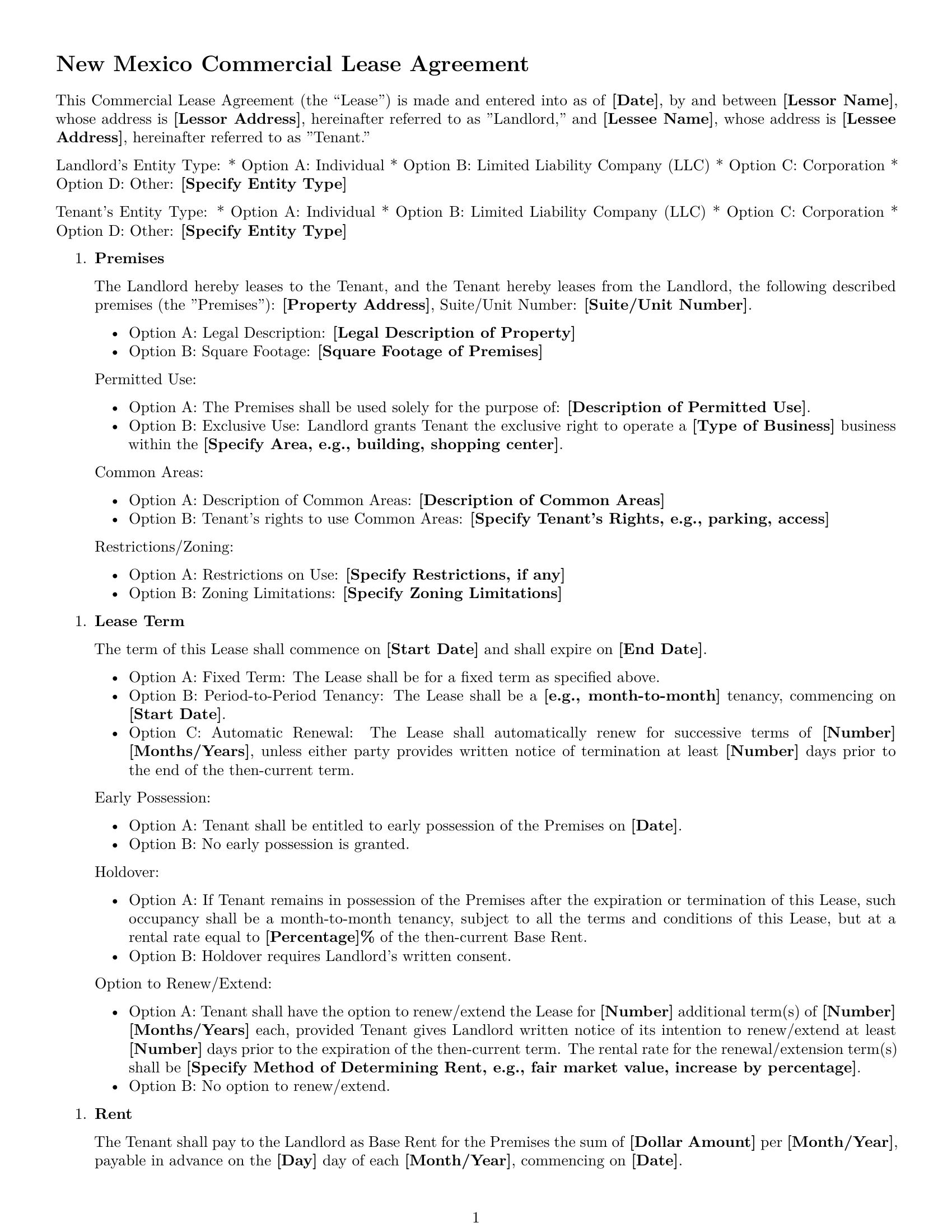 Preview page 1 of Free New Mexico commercial lease agreement template