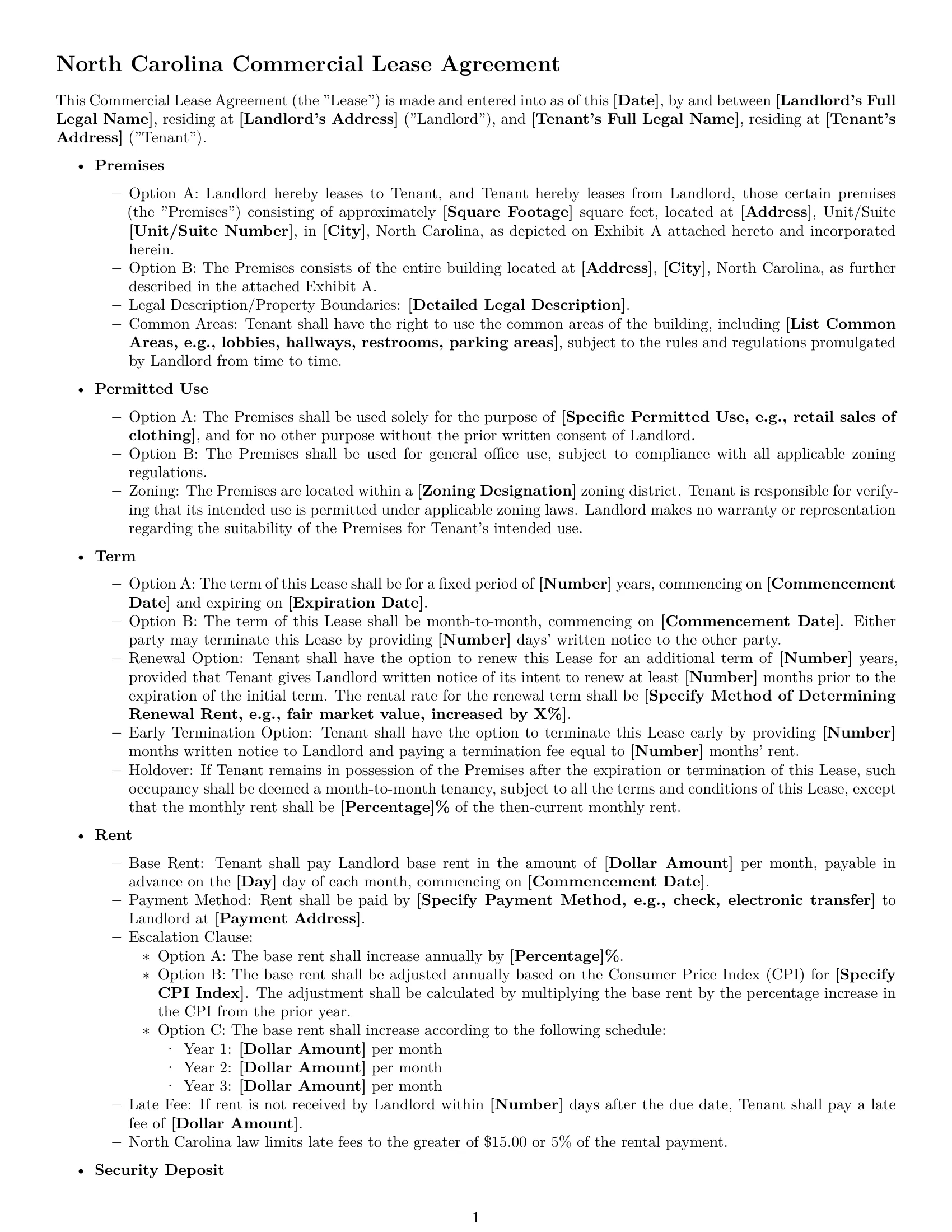 Preview page 1 of Free North Carolina commercial lease agreement template