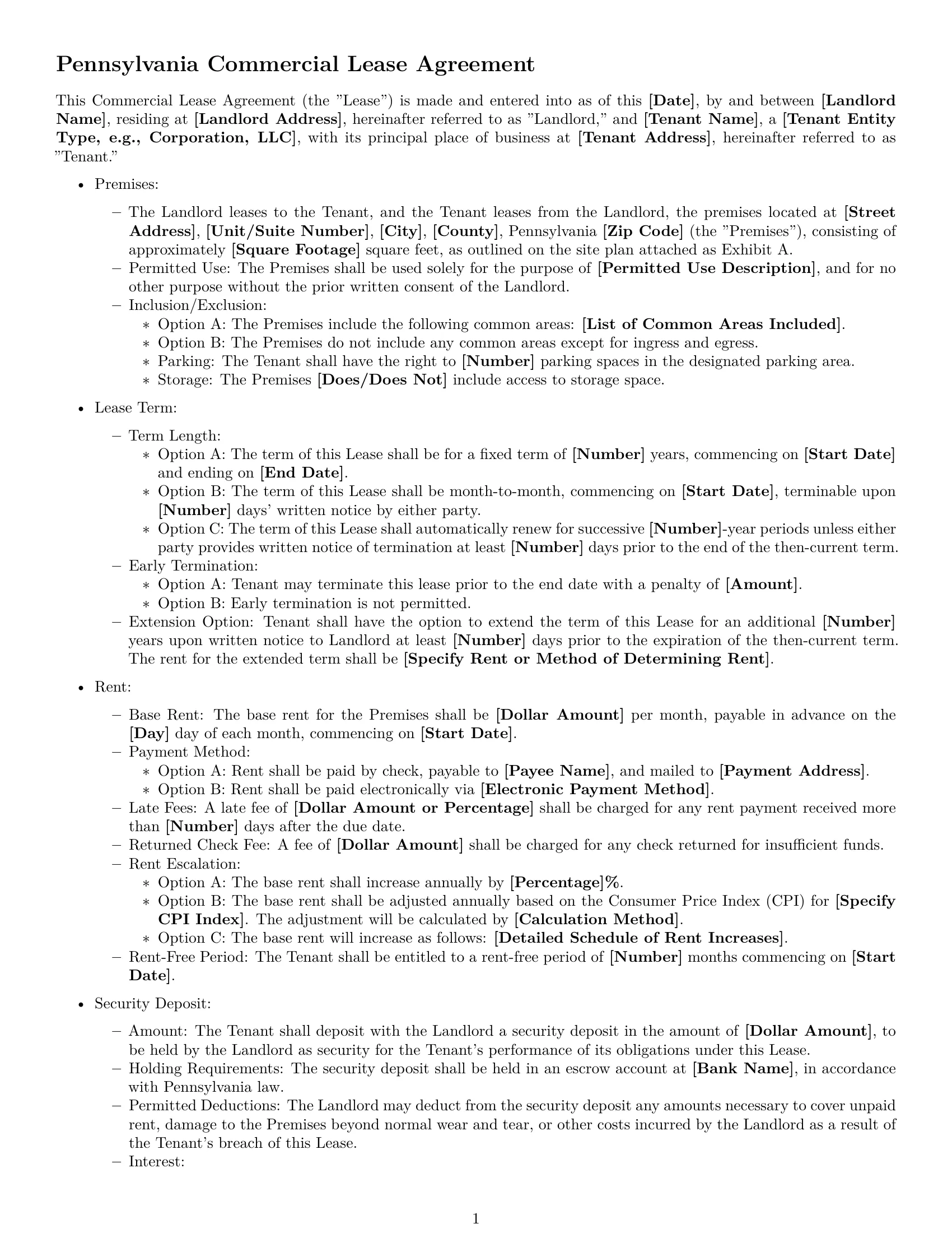 Preview page 1 of Free Pennsylvania commercial lease agreement template