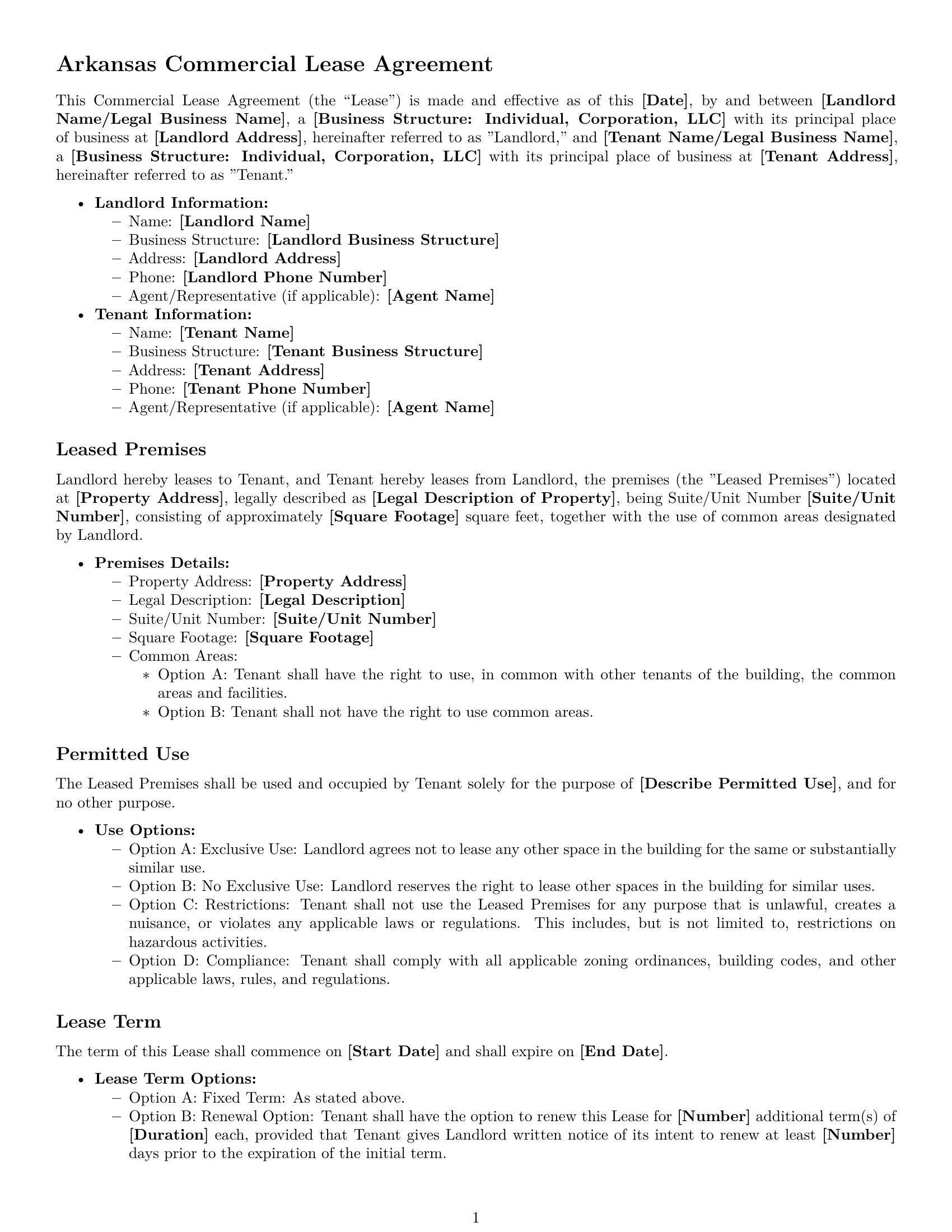 Preview page 1 of Free Arkansas commercial lease agreement template