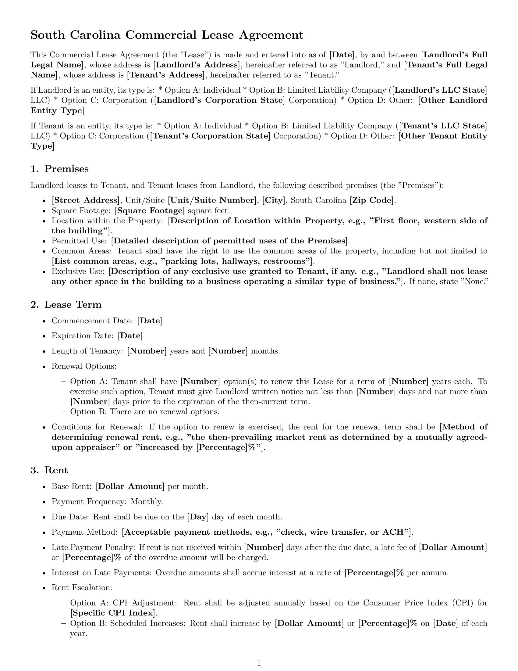 Preview page 1 of Free South Carolina commercial lease agreement template