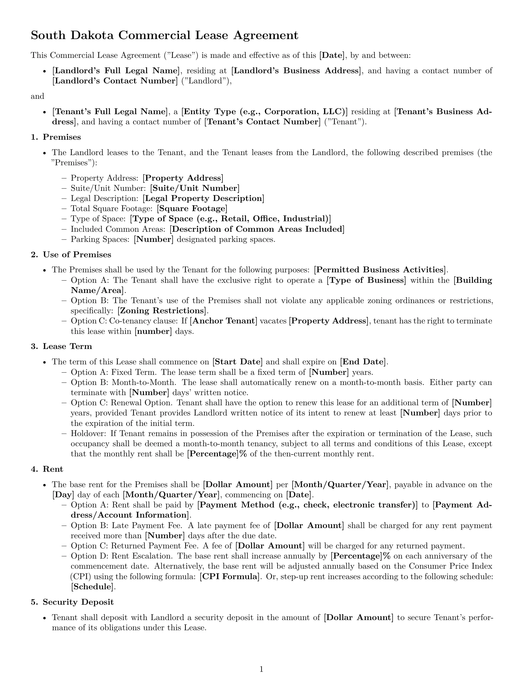 Preview page 1 of Free South Dakota commercial lease agreement template